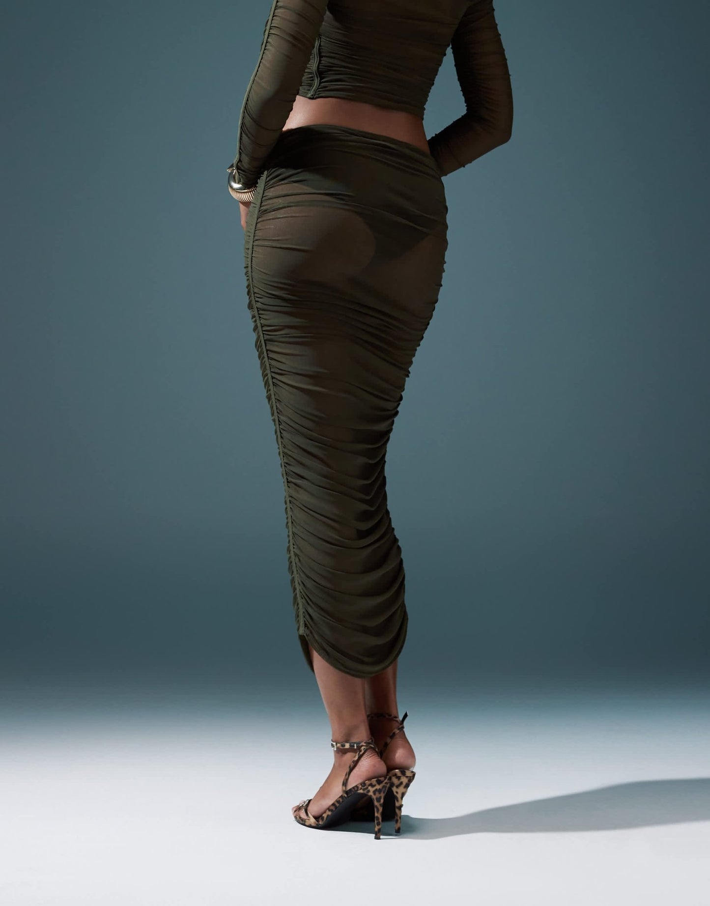 ASOS DESIGN co - ord ruched mesh midi skirt in khaki - ASOS Sample Sale