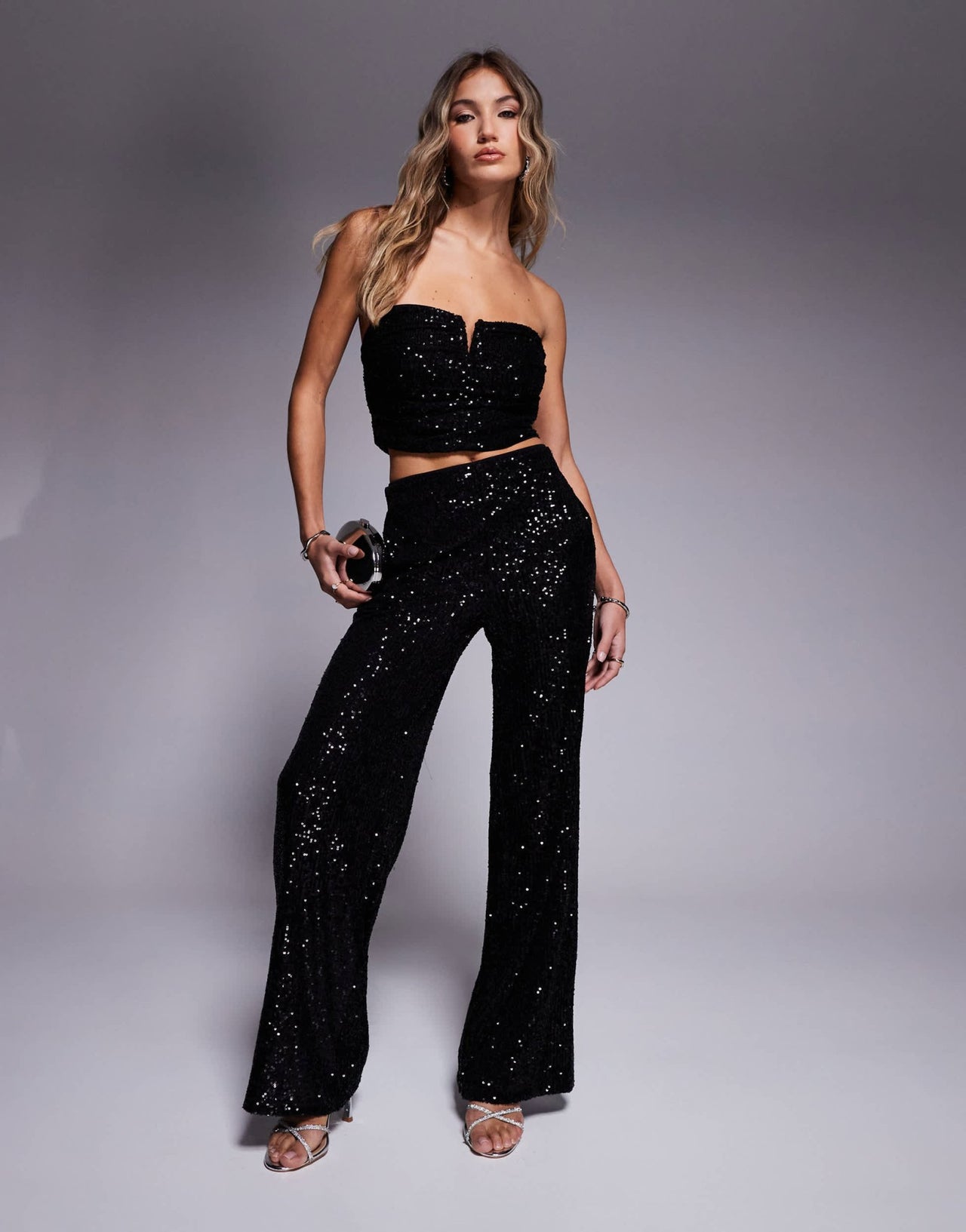 ASOS DESIGN co - ord ruched sequin bandeau with trim detail in black - ASOS Sample Sale