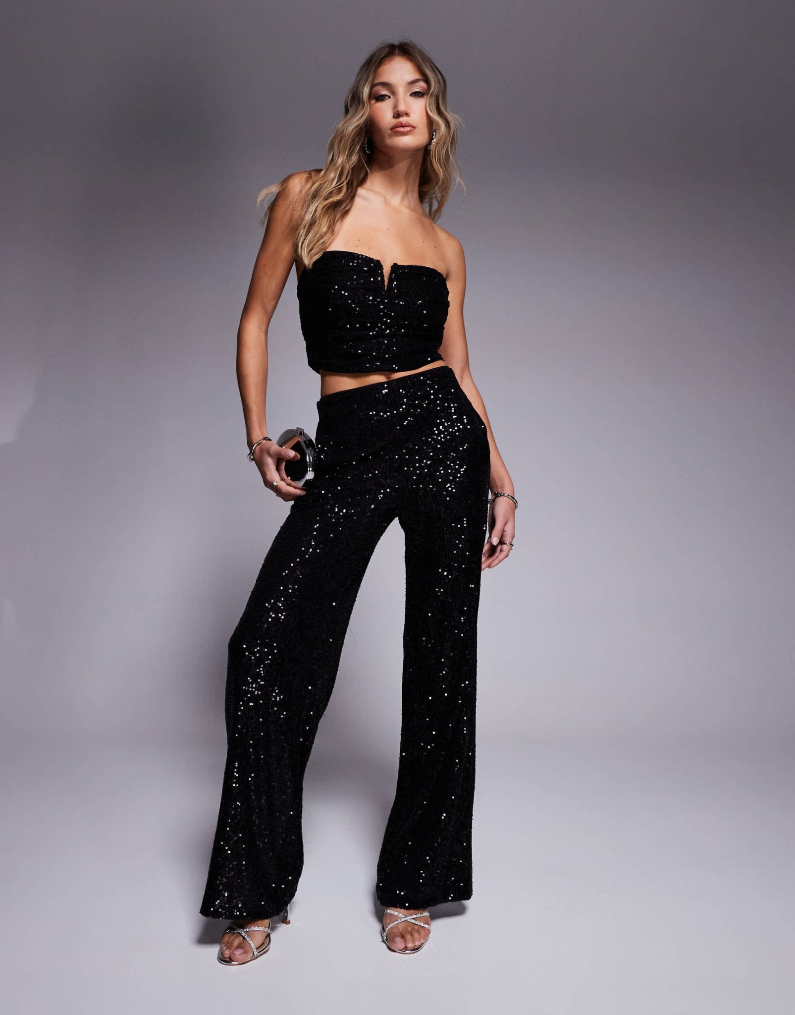 ASOS DESIGN co - ord ruched sequin bandeau with trim detail in black - ASOS Sample Sale