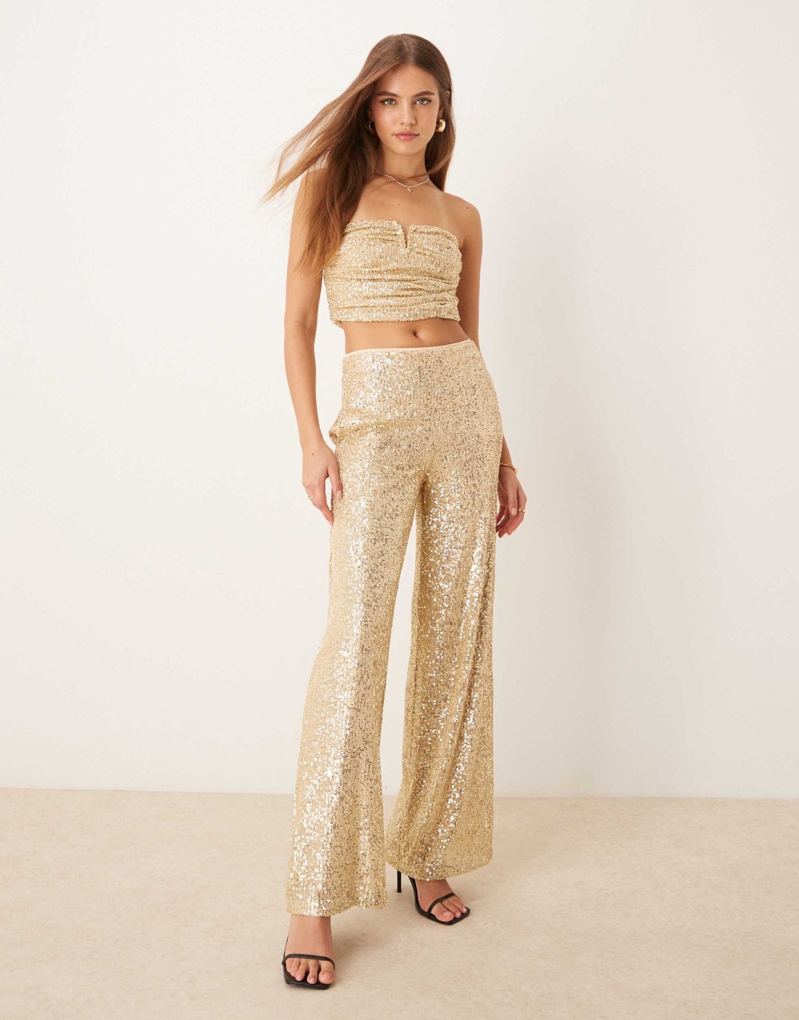 ASOS DESIGN co - ord ruched sequin bandeau with trim detail in gold - ASOS Sample Sale