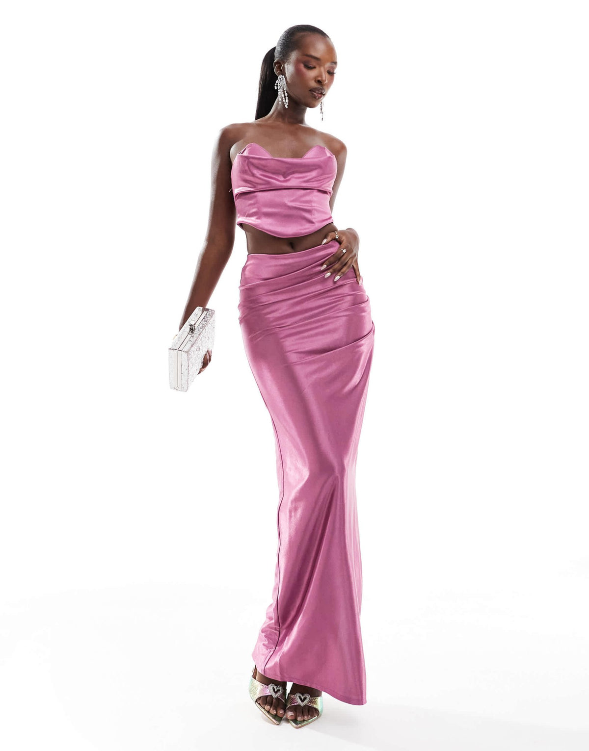 ASOS DESIGN co - ord ruched side satin twill maxi skirt in mauve - ASOS Sample Sale