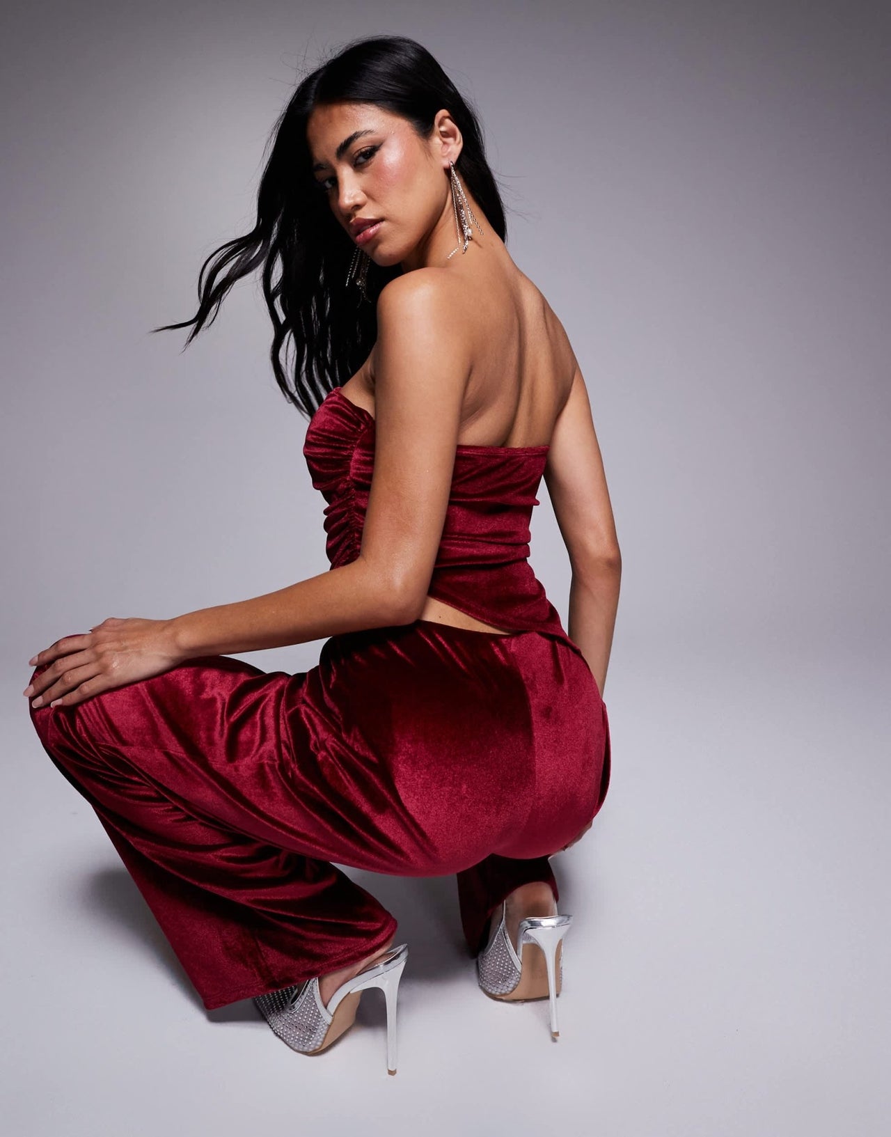 ASOS DESIGN co - ord ruched velvet asymmetric bandeau top in burgundy - ASOS Sample Sale