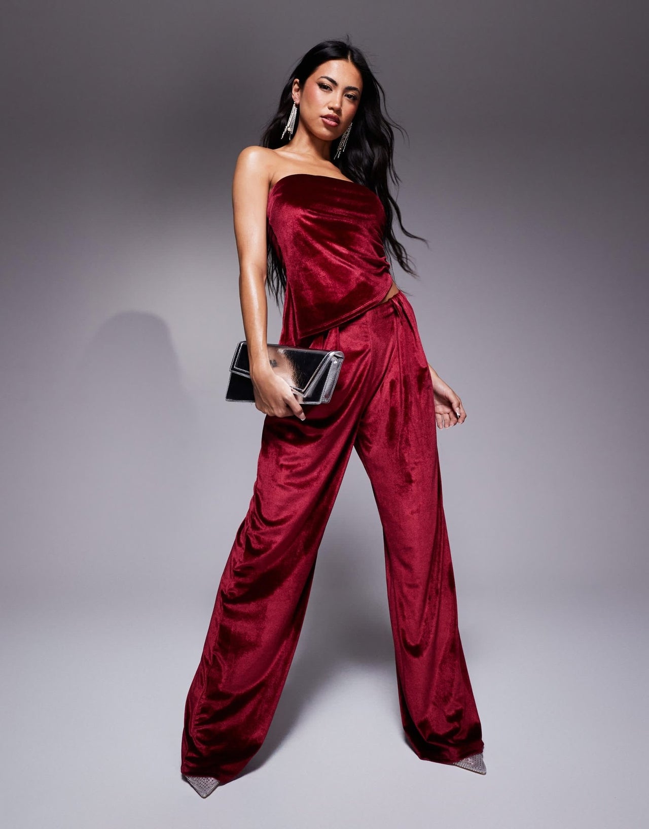 ASOS DESIGN co - ord ruched velvet asymmetric bandeau top in burgundy - ASOS Sample Sale