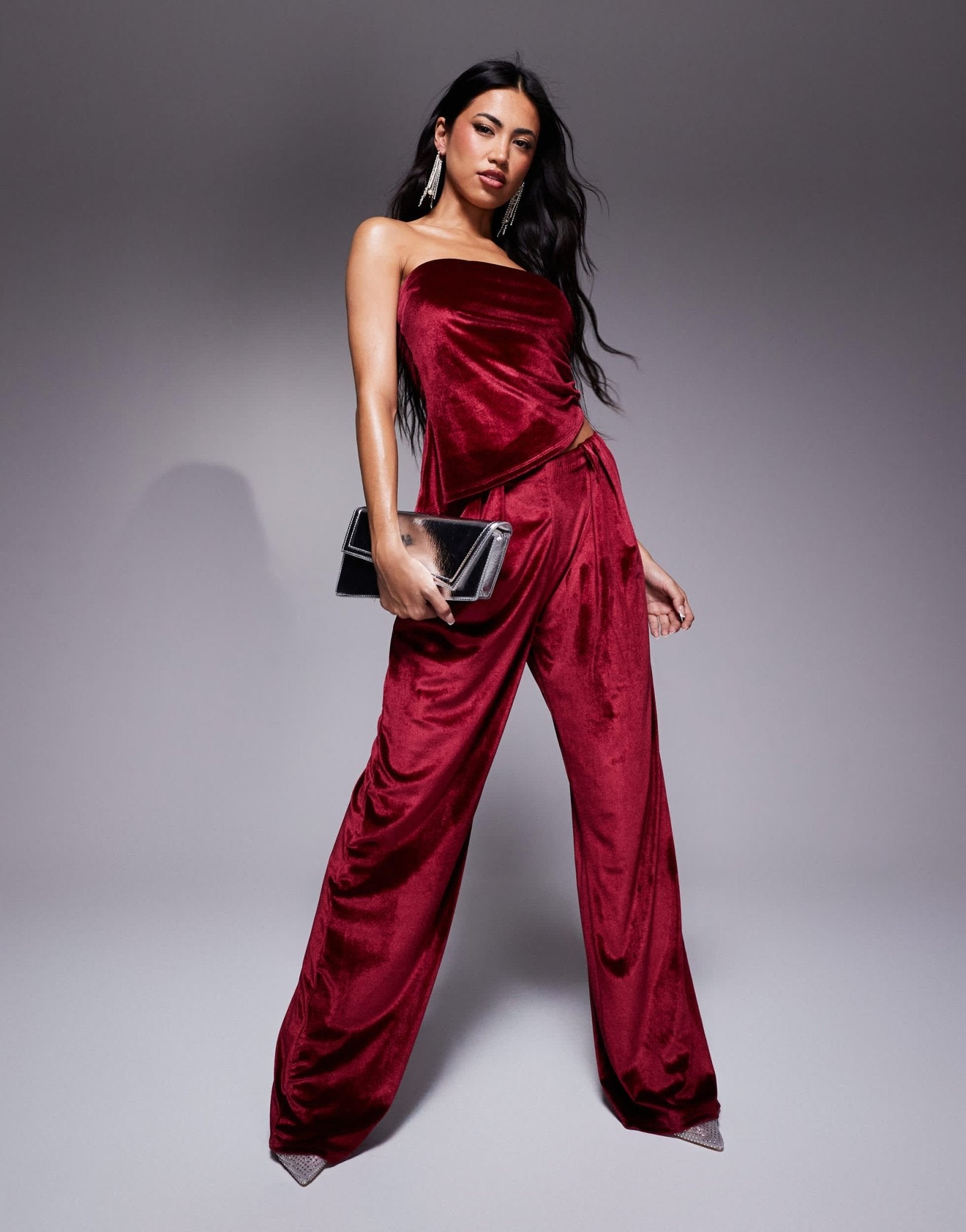 ASOS DESIGN co - ord ruched velvet asymmetric bandeau top in burgundy - ASOS Sample Sale