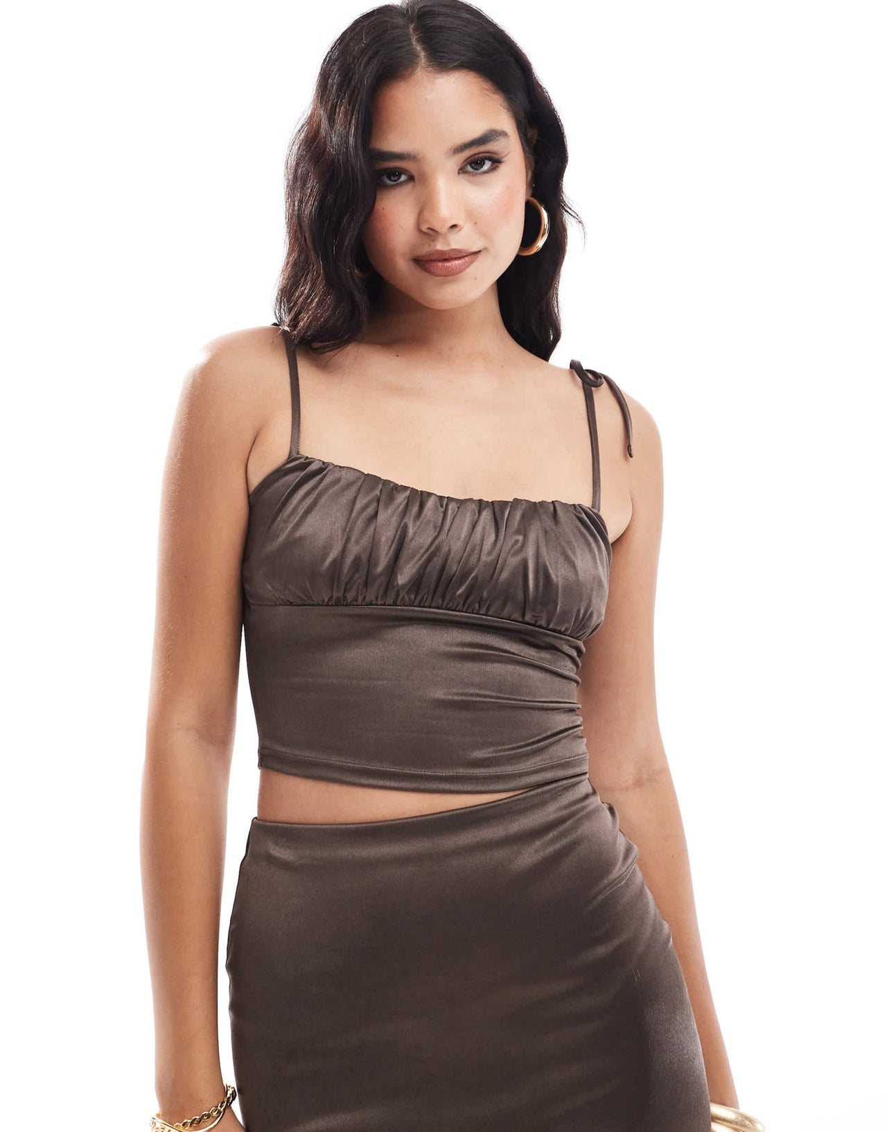 ASOS DESIGN co - ord satin twill ruched bust cami top in chocolate - ASOS Sample Sale