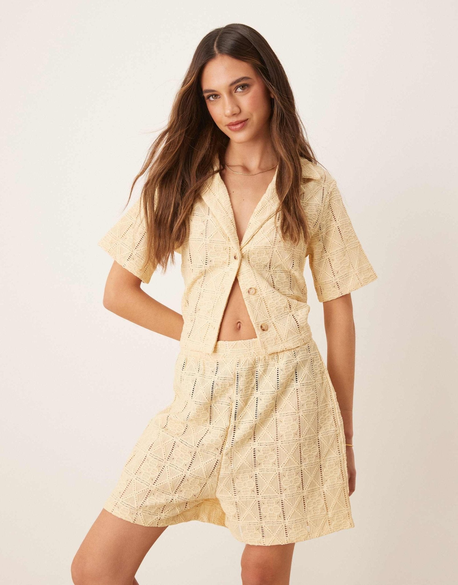 ASOS DESIGN co - ord semi sheer crochet boxy fit shorts in buttermilk - ASOS Sample Sale