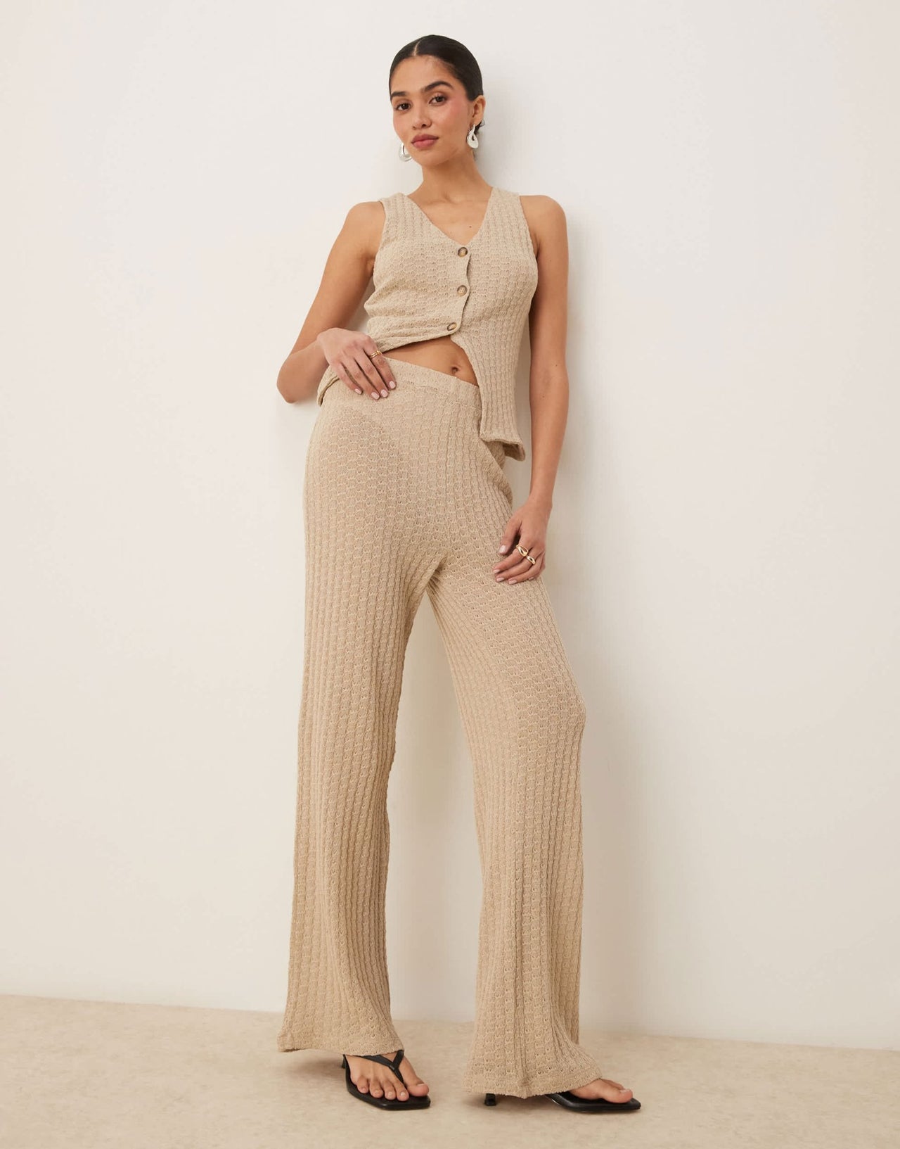 ASOS DESIGN co - ord semi sheer knit wide leg trouser in stone - ASOS Sample Sale