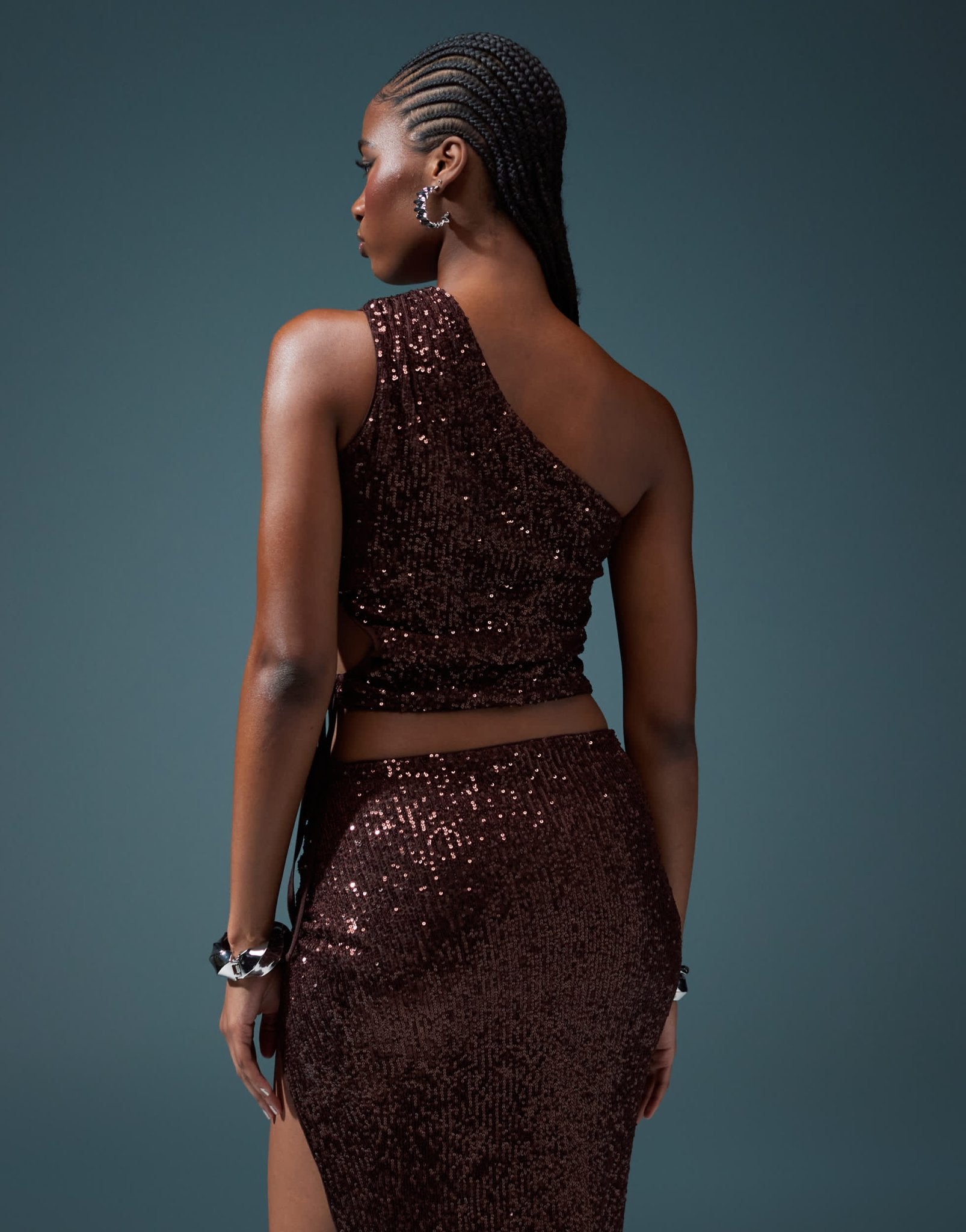 ASOS DESIGN co - ord sequin one shoulder top with ruched cut out in chocolate - ASOS Sample Sale