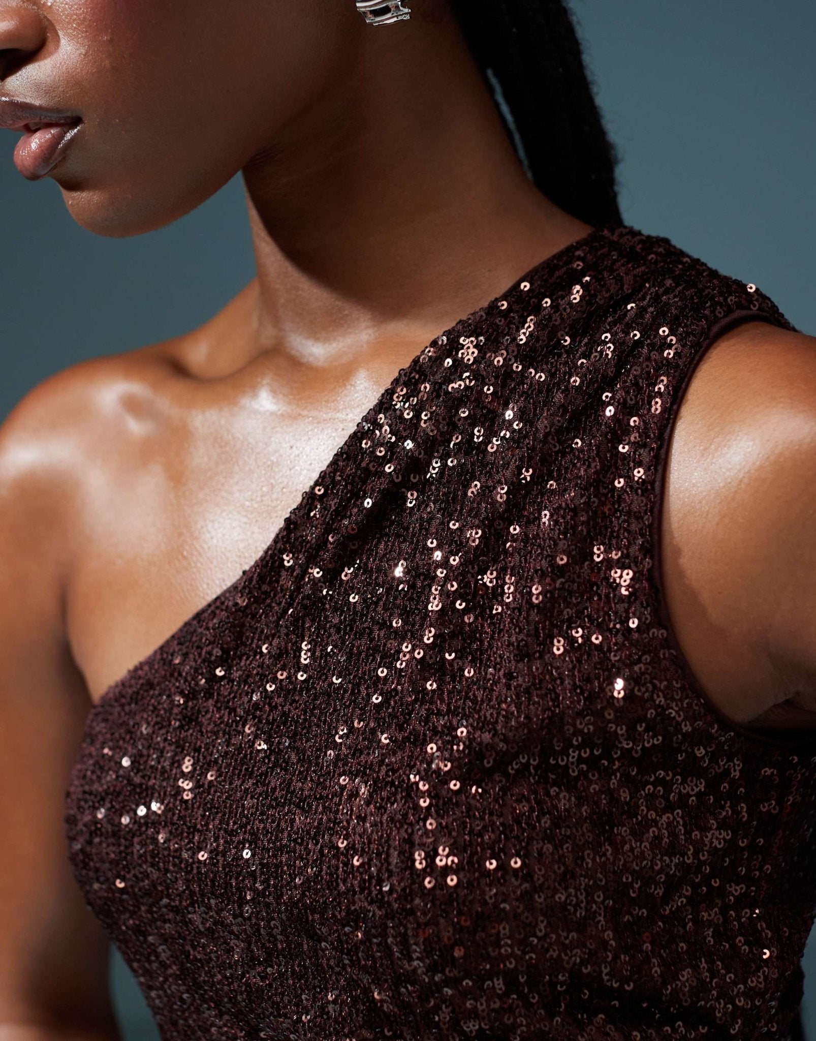 ASOS DESIGN co - ord sequin one shoulder top with ruched cut out in chocolate - ASOS Sample Sale