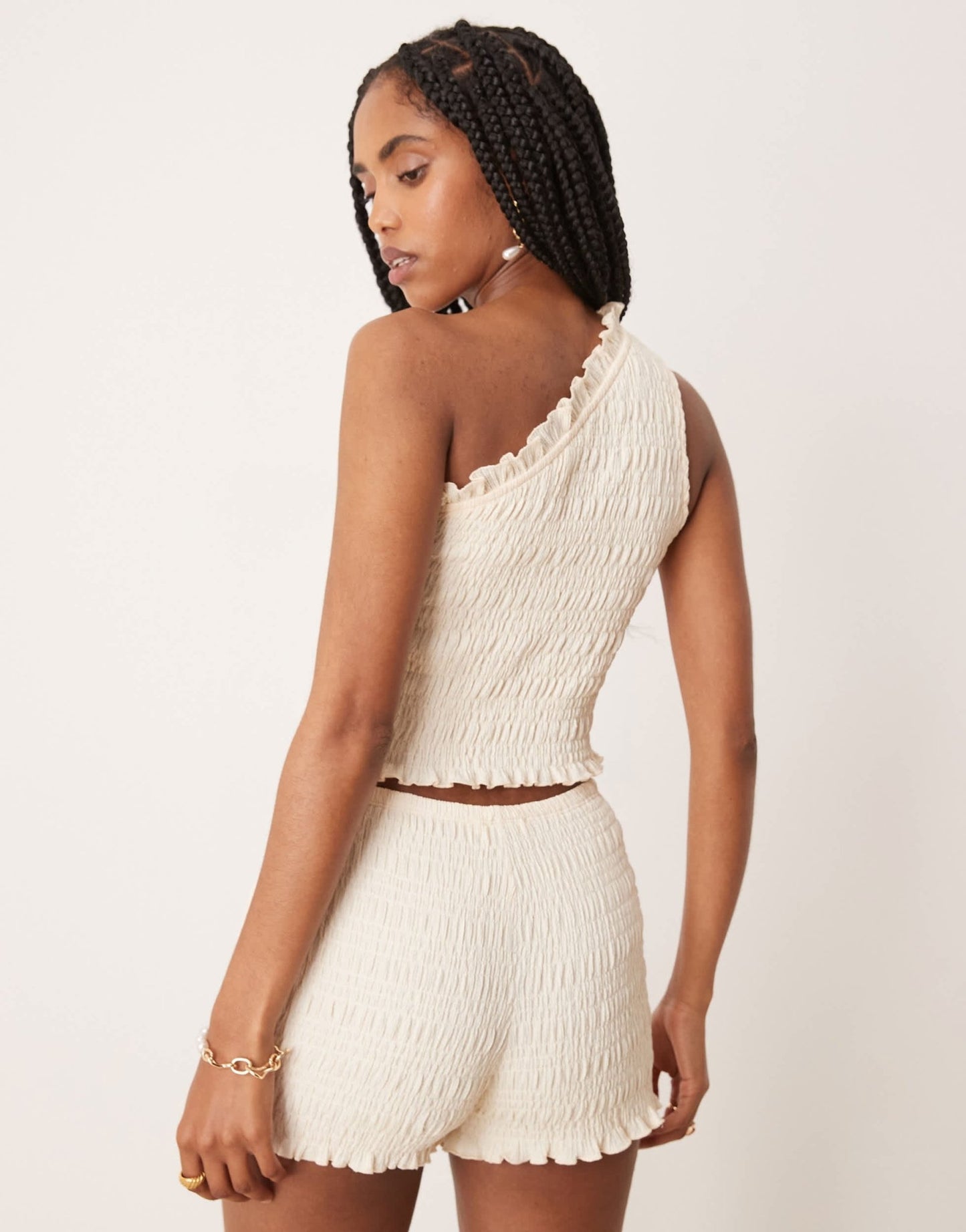 ASOS DESIGN co - ord shirred one shoulder top in ivory - ASOS Sample Sale