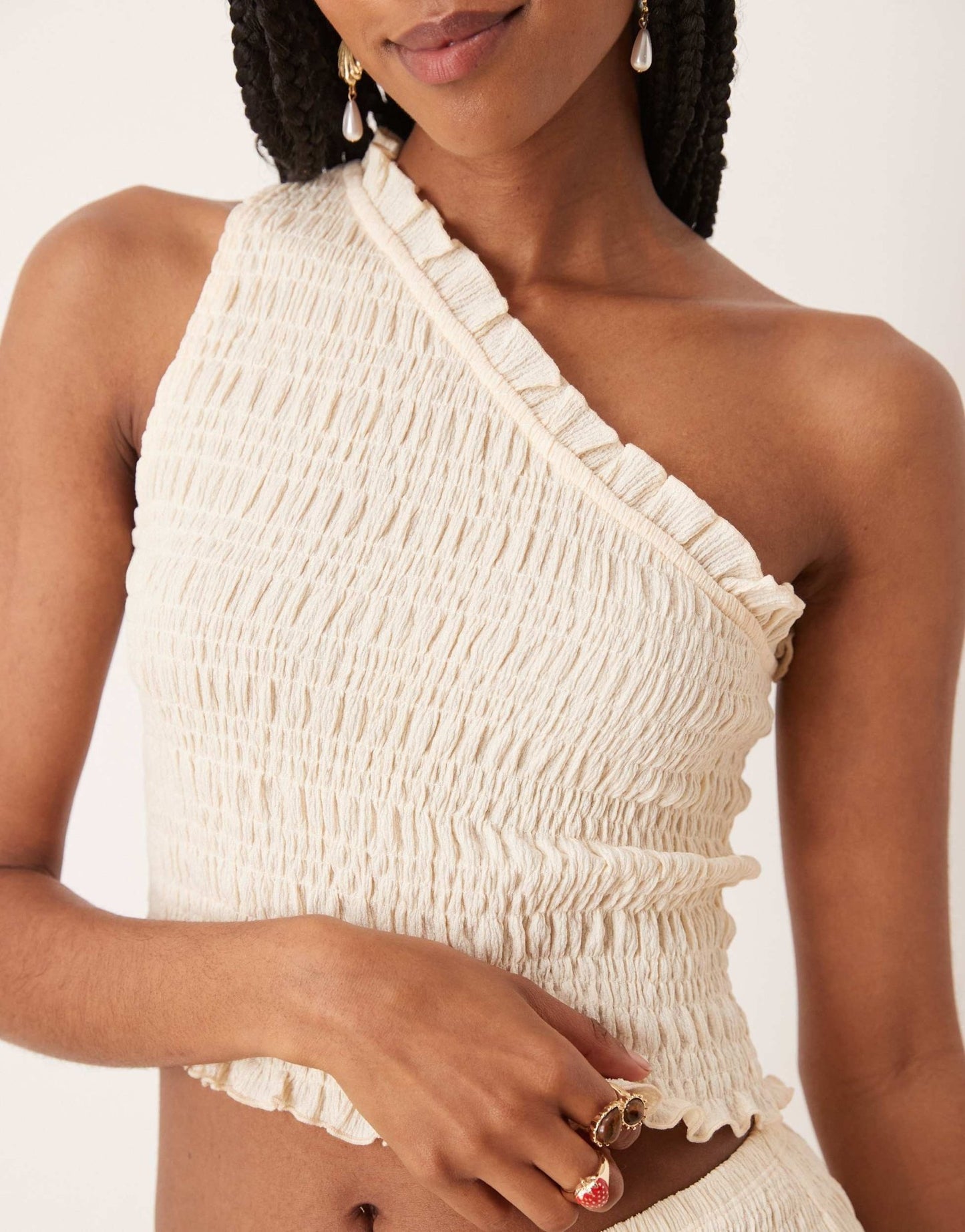 ASOS DESIGN co - ord shirred one shoulder top in ivory - ASOS Sample Sale
