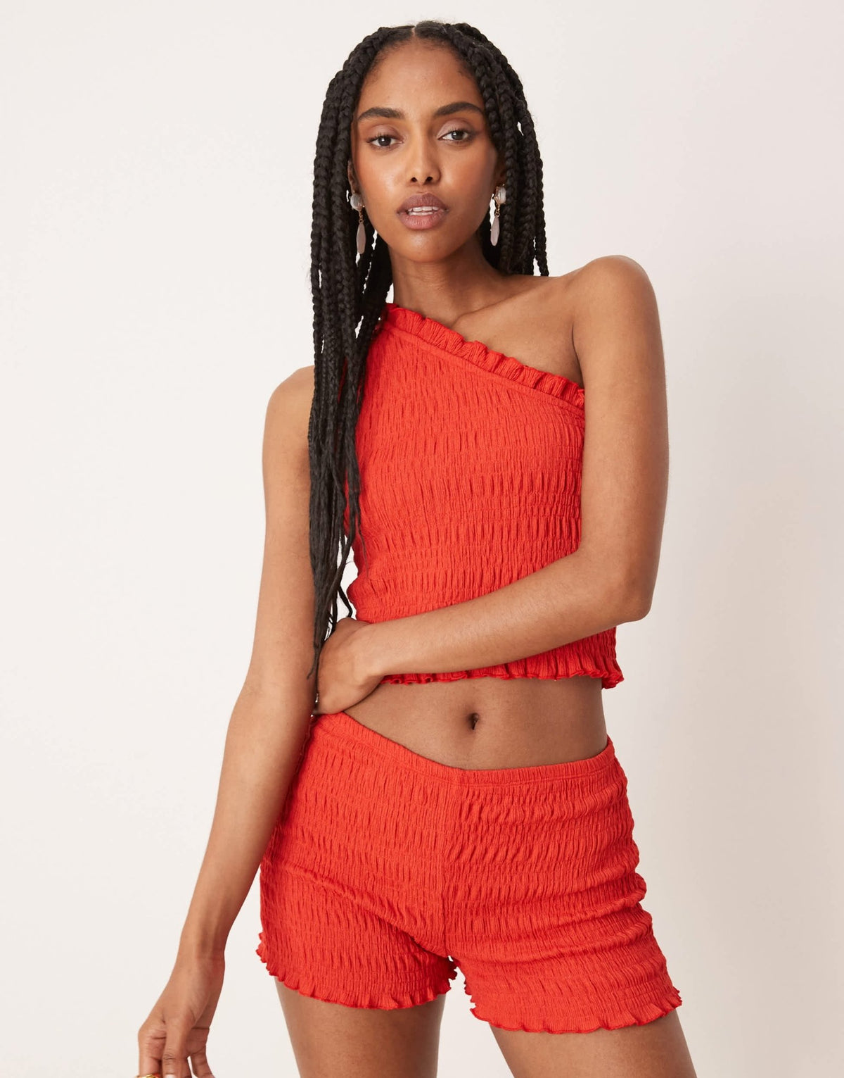 ASOS DESIGN co-ord shirred one shoulder top in red - ASOS Sample Sale
