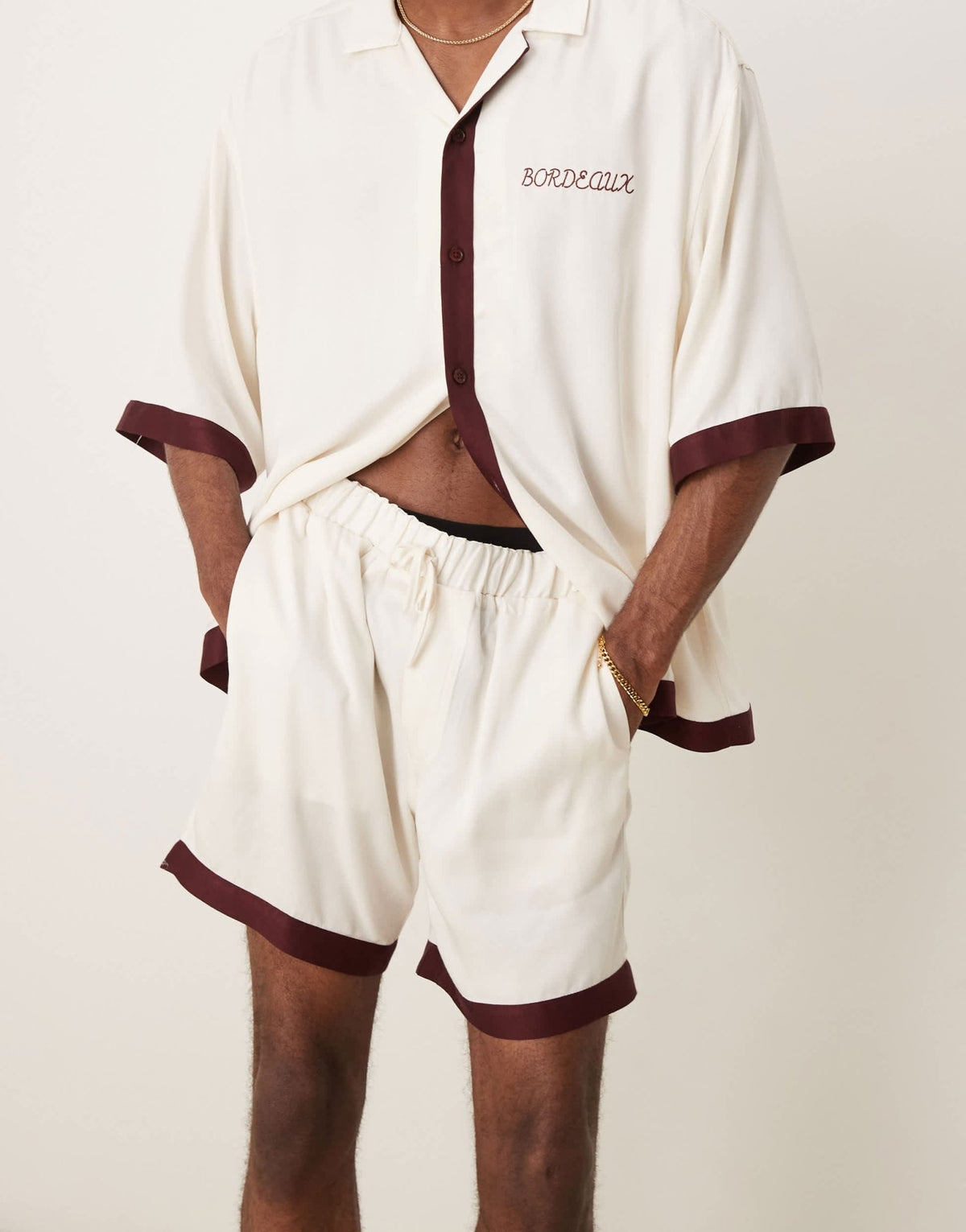 ASOS DESIGN co-ord shorts in mid length with border print in beige - ASOS Sample Sale