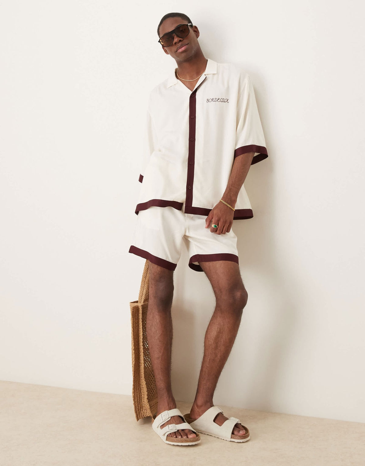 ASOS DESIGN co-ord shorts in mid length with border print in beige - ASOS Sample Sale