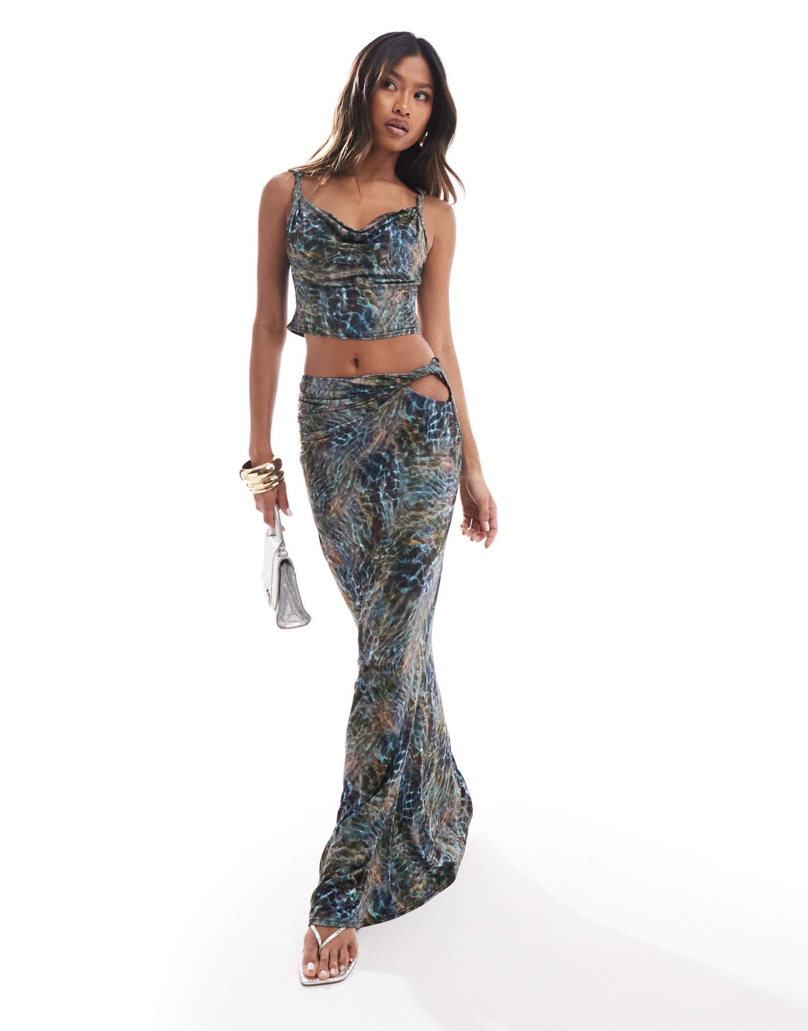 ASOS DESIGN co - ord slinky cut out hip maxi skirt in blue print - ASOS Sample Sale