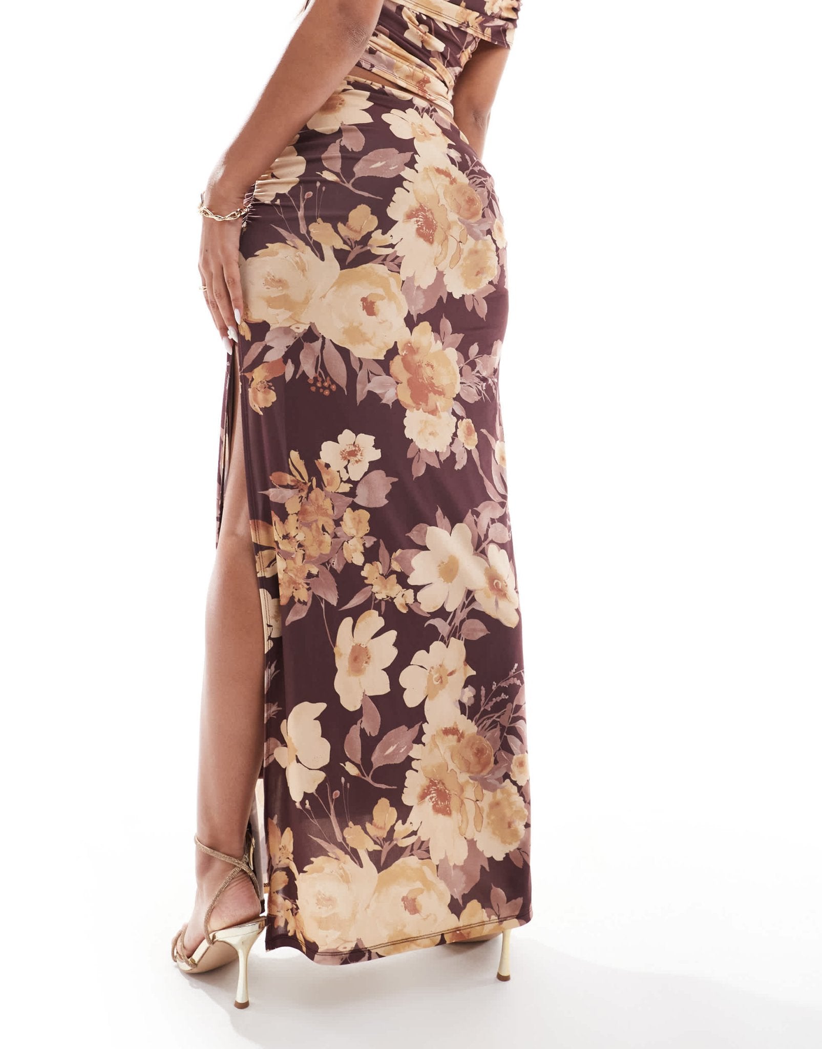 ASOS DESIGN co - ord slinky maxi skirt with ruching at sides in brown floral prints - ASOS Sample Sale