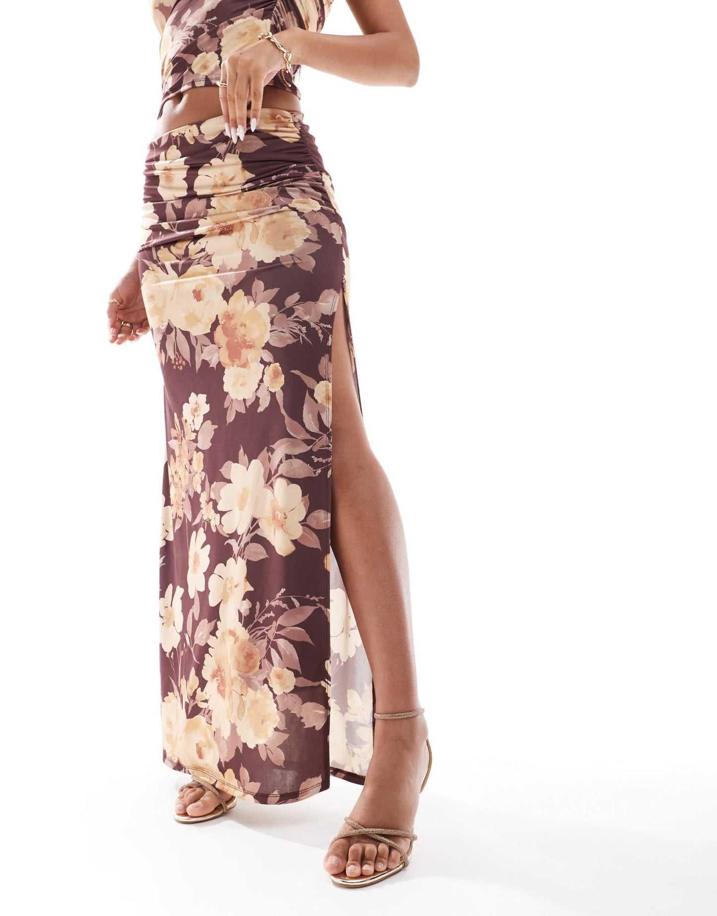 ASOS DESIGN co - ord slinky maxi skirt with ruching at sides in brown floral prints - ASOS Sample Sale