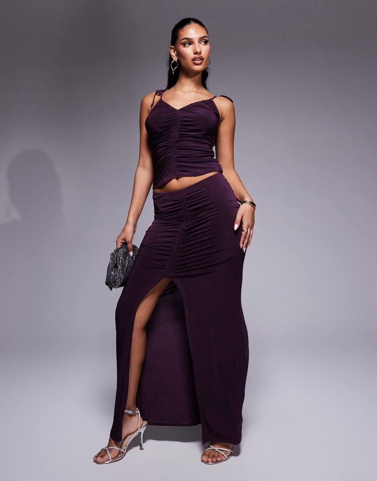 ASOS DESIGN co - ord slinky ruched front maxi skirt with front split in blackcurrant - ASOS Sample Sale