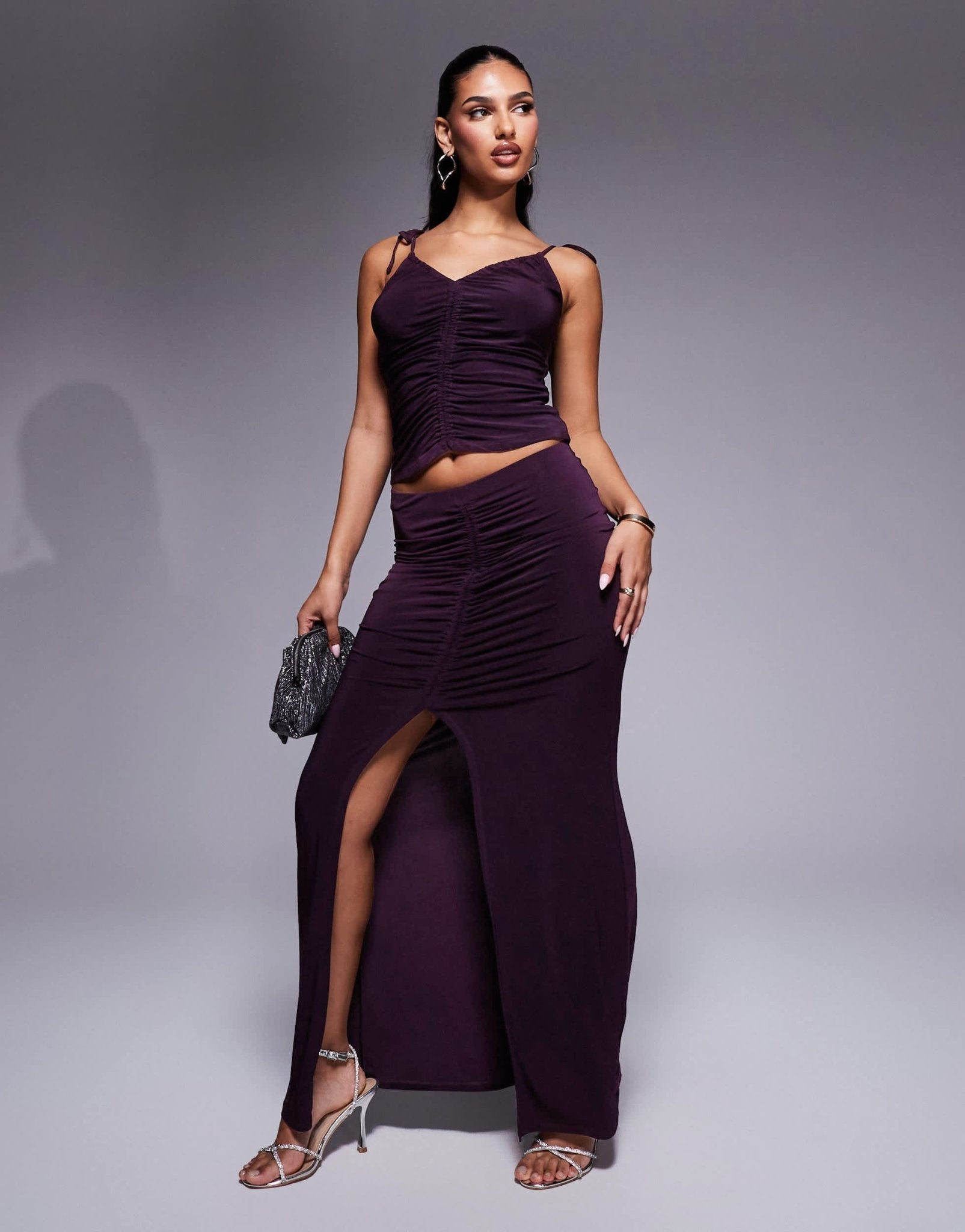 ASOS DESIGN co - ord slinky ruched front maxi skirt with front split in blackcurrant - ASOS Sample Sale