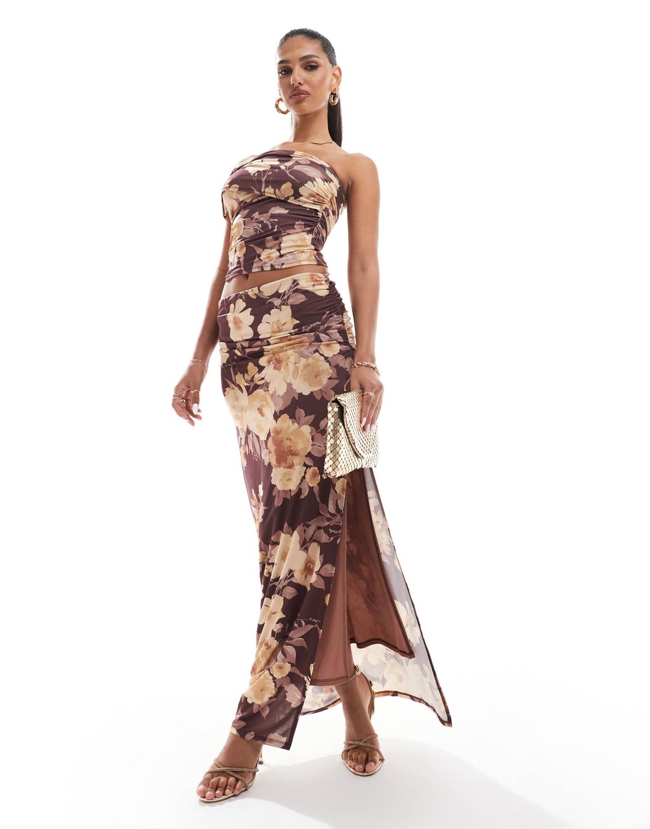 ASOS DESIGN co-ord slinky ruched one shoulder top in brown floral print - ASOS Sample Sale
