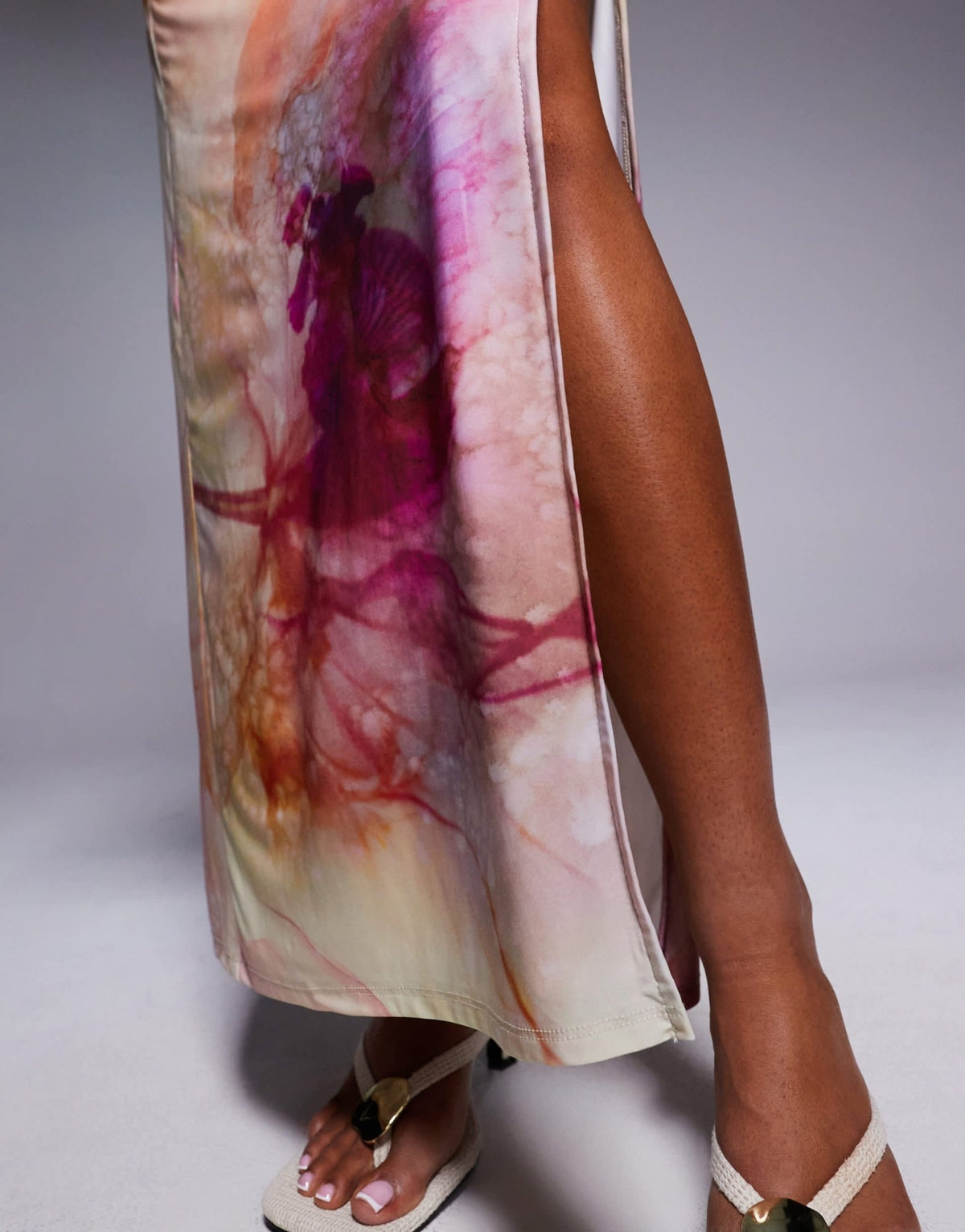 ASOS DESIGN co-ord slinky ruched waist detail slit in pink marble print - ASOS Sample Sale