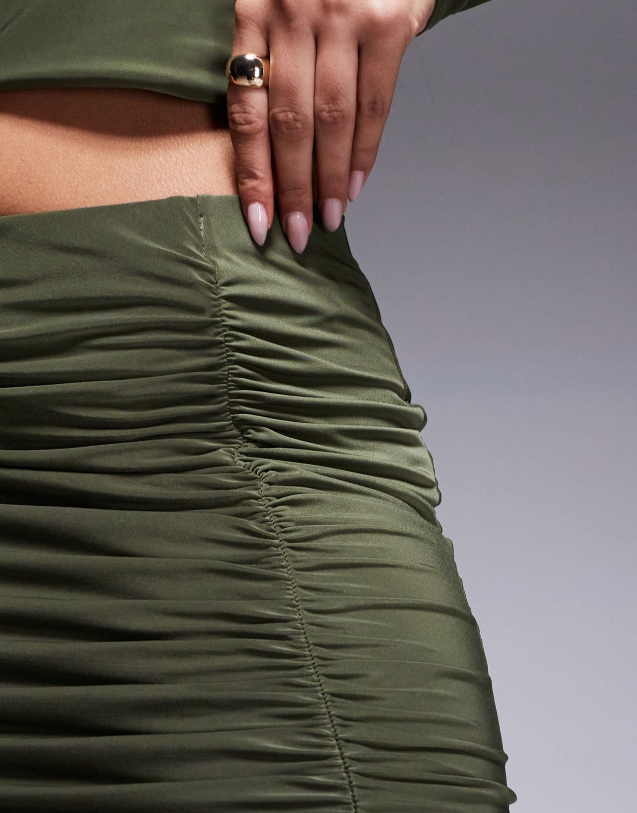 ASOS DESIGN co - ord slinky split front ruched maxi skirt in khaki - ASOS Sample Sale