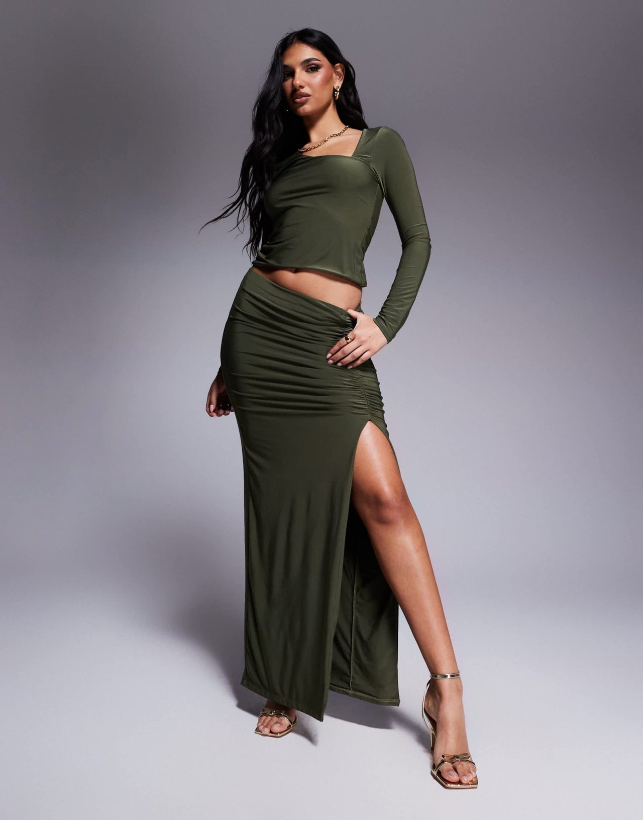 ASOS DESIGN co - ord slinky split front ruched maxi skirt in khaki - ASOS Sample Sale