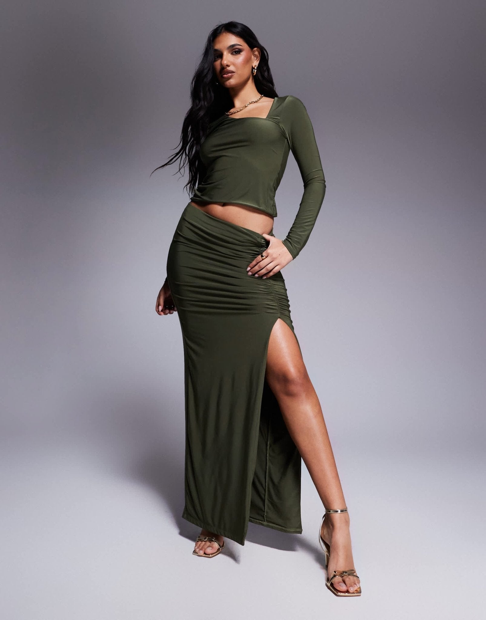 ASOS DESIGN co - ord slinky split front ruched maxi skirt in khaki - ASOS Sample Sale