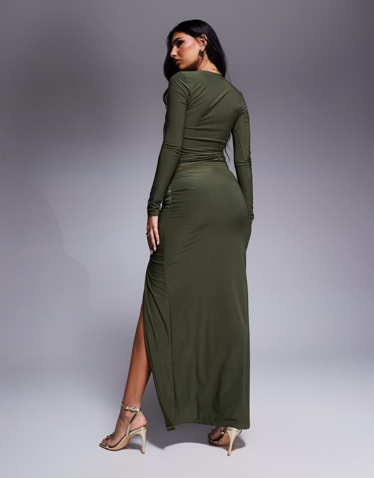 ASOS DESIGN co - ord slinky split front ruched maxi skirt in khaki - ASOS Sample Sale