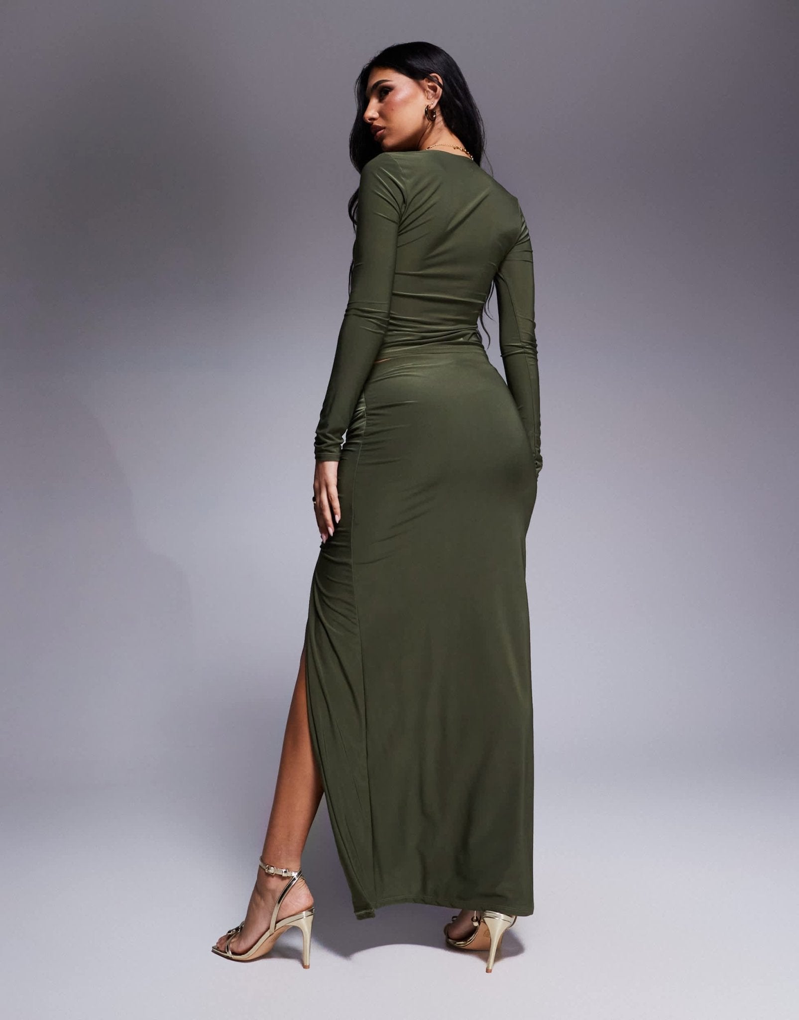 ASOS DESIGN co - ord slinky split front ruched maxi skirt in khaki - ASOS Sample Sale