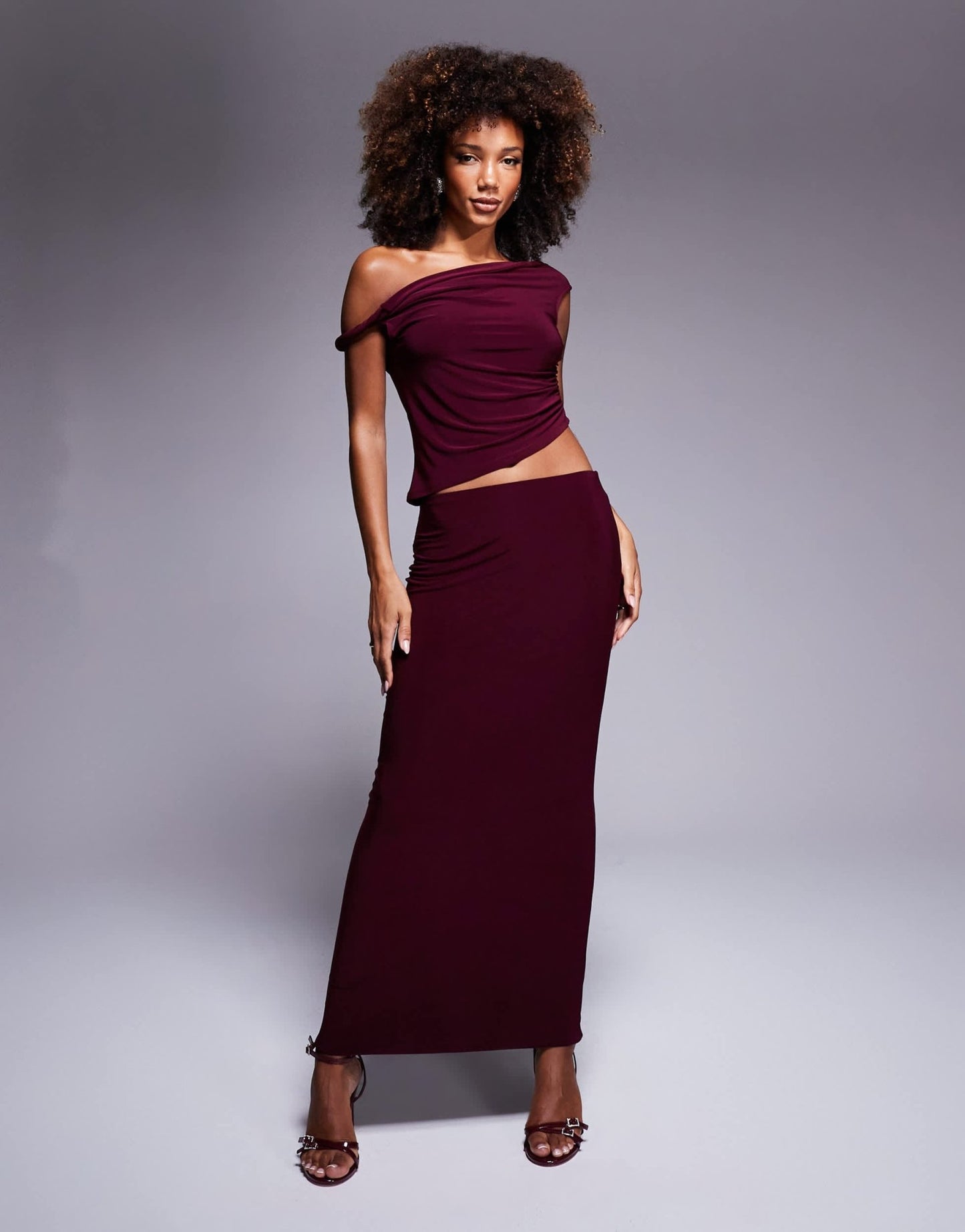 ASOS DESIGN co - ord slinky twist off shoulder top in burgundy - ASOS Sample Sale