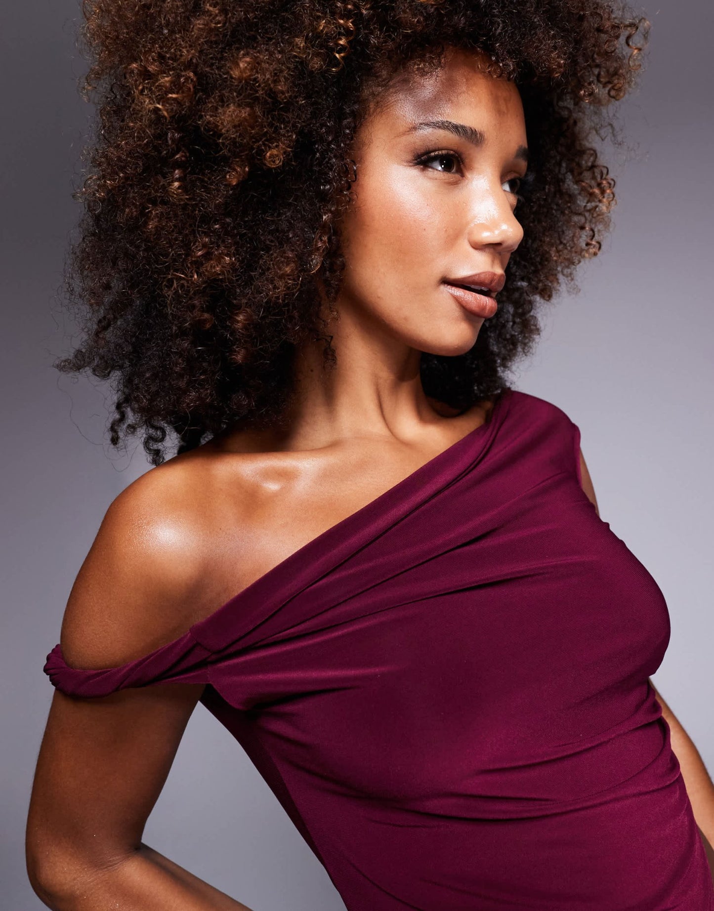 ASOS DESIGN co - ord slinky twist off shoulder top in burgundy - ASOS Sample Sale