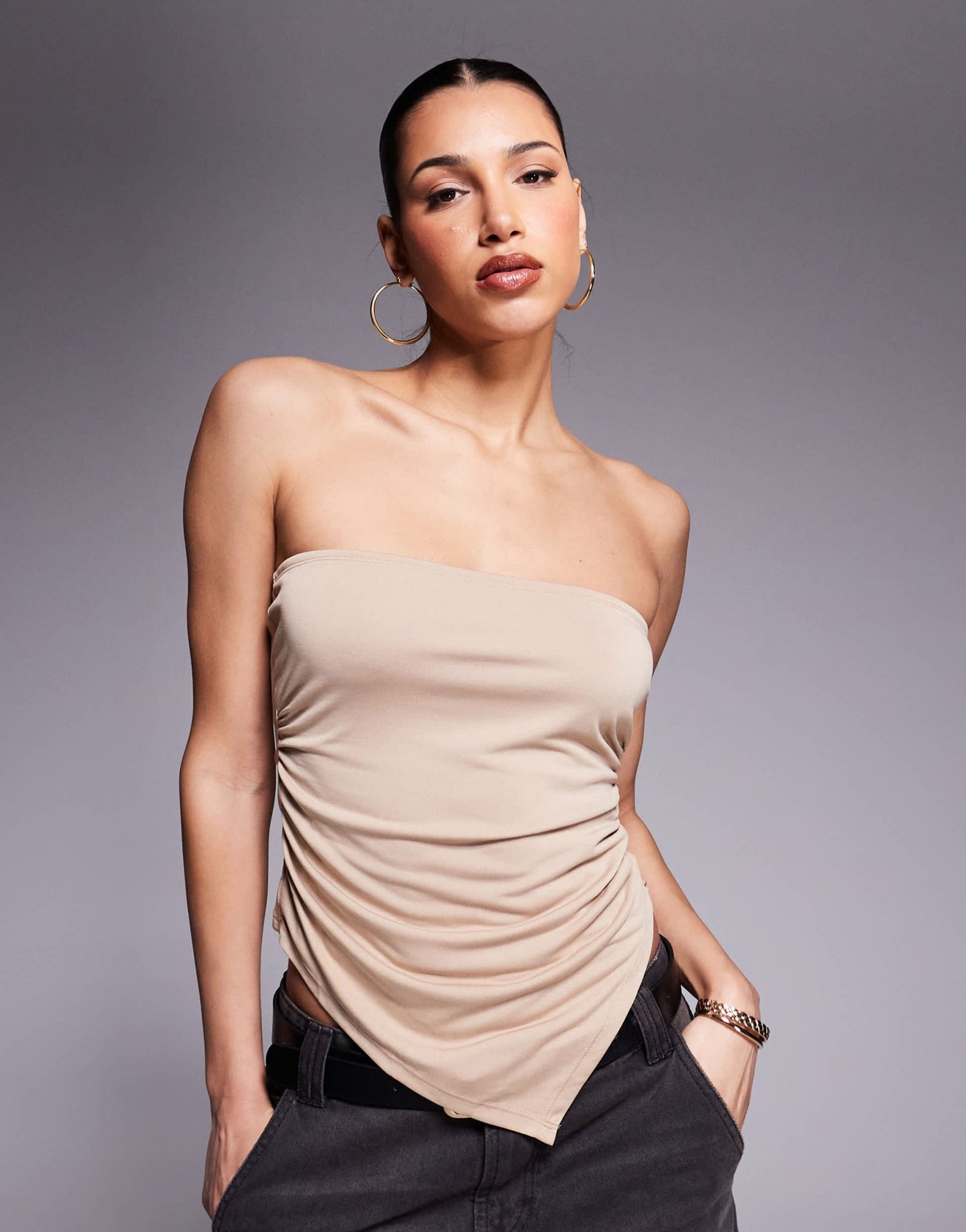 ASOS DESIGN co-ord soft handle bandeau top with ruched sides and asymmetric hem in stone - ASOS Sample Sale