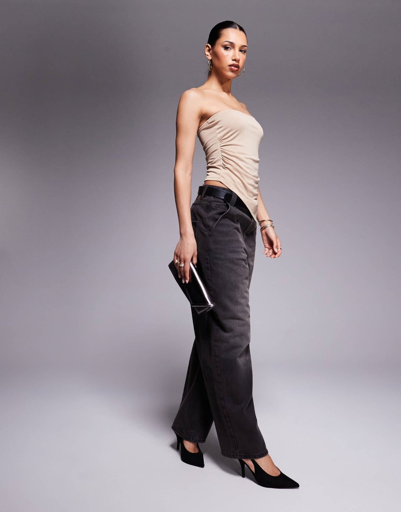 ASOS DESIGN co-ord soft handle bandeau top with ruched sides and asymmetric hem in stone - ASOS Sample Sale