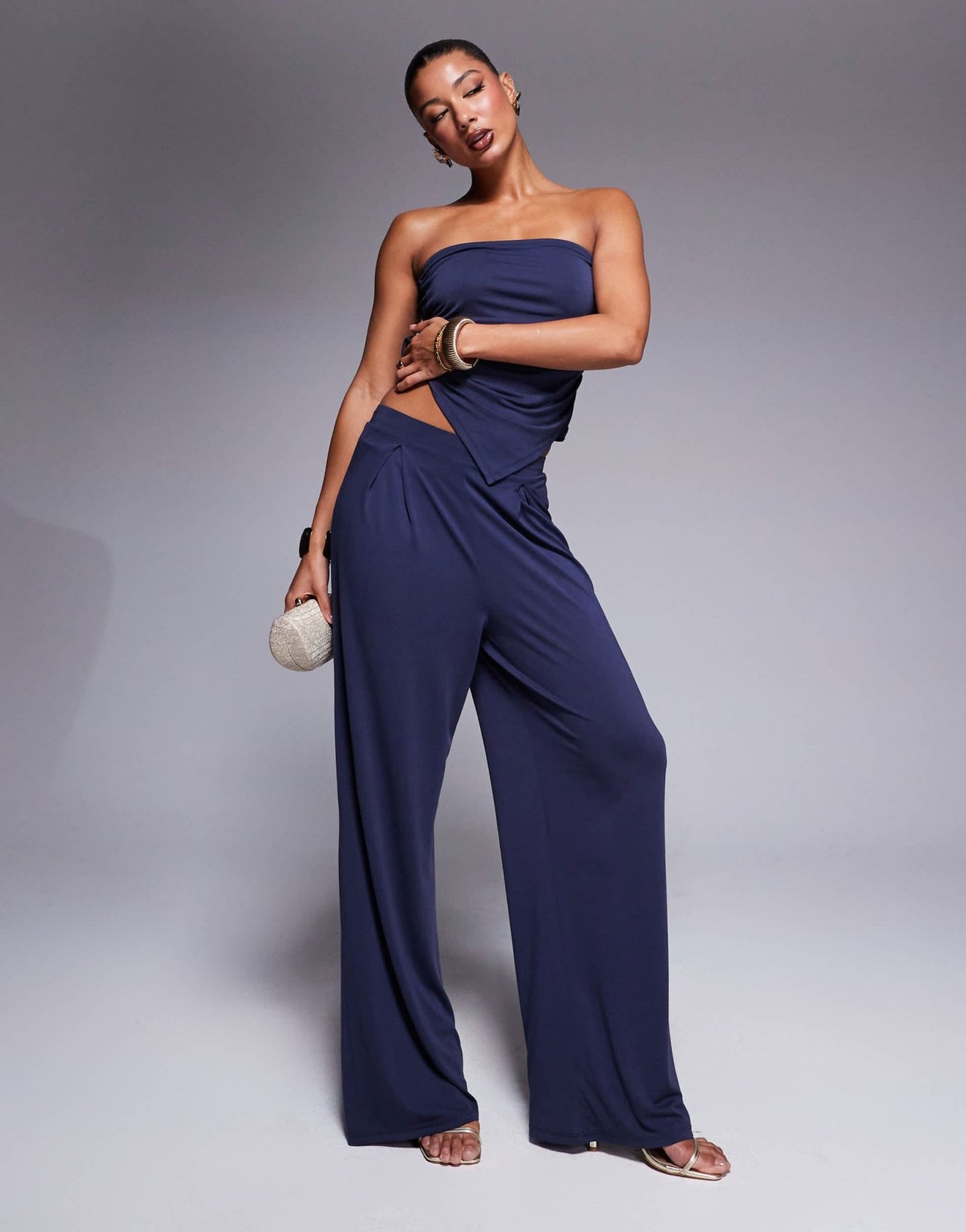 ASOS DESIGN co - ord soft handle pleated wide leg trousers in ink - ASOS Sample Sale