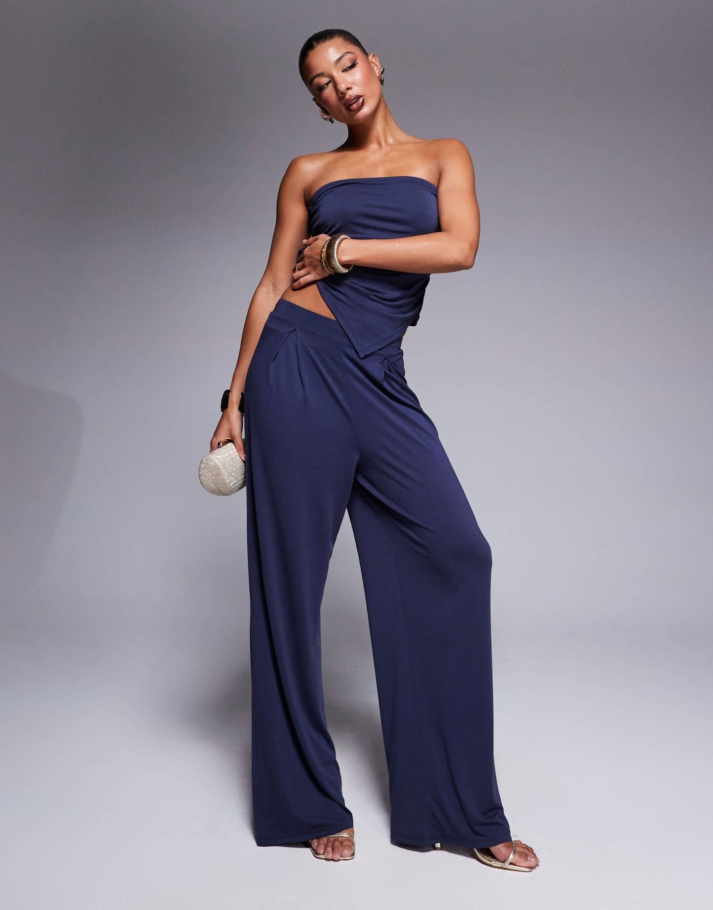 ASOS DESIGN co - ord soft handle pleated wide leg trousers in ink - ASOS Sample Sale