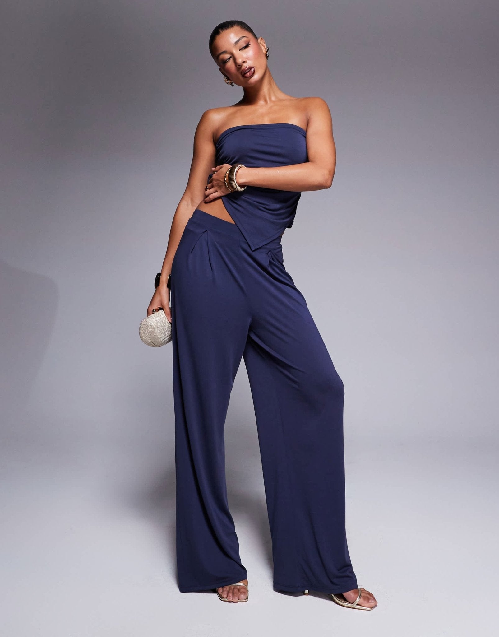 ASOS DESIGN co - ord soft handle pleated wide leg trousers in ink - ASOS Sample Sale