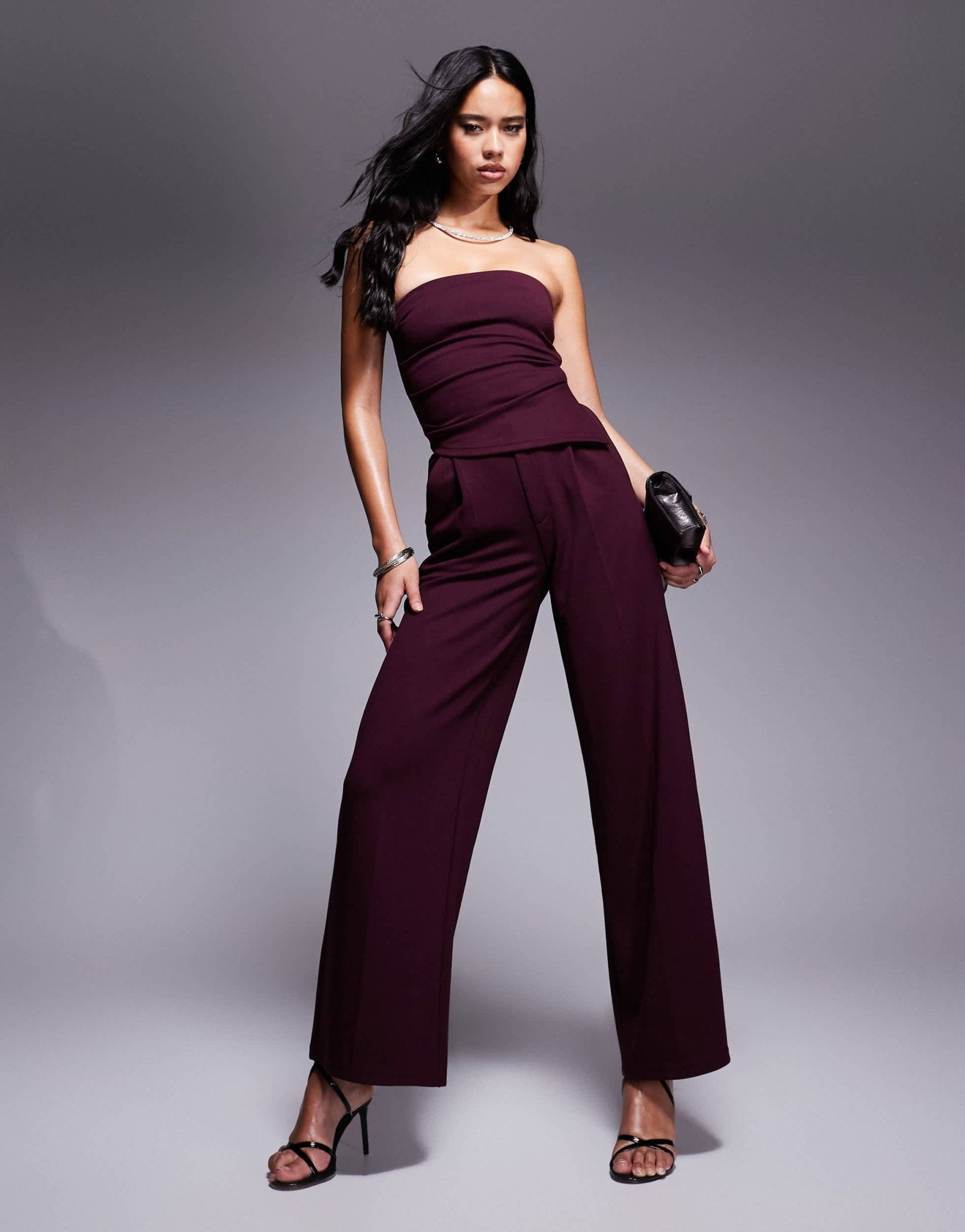 ASOS DESIGN co - ord strapless ruched side top in burgundy - ASOS Sample Sale