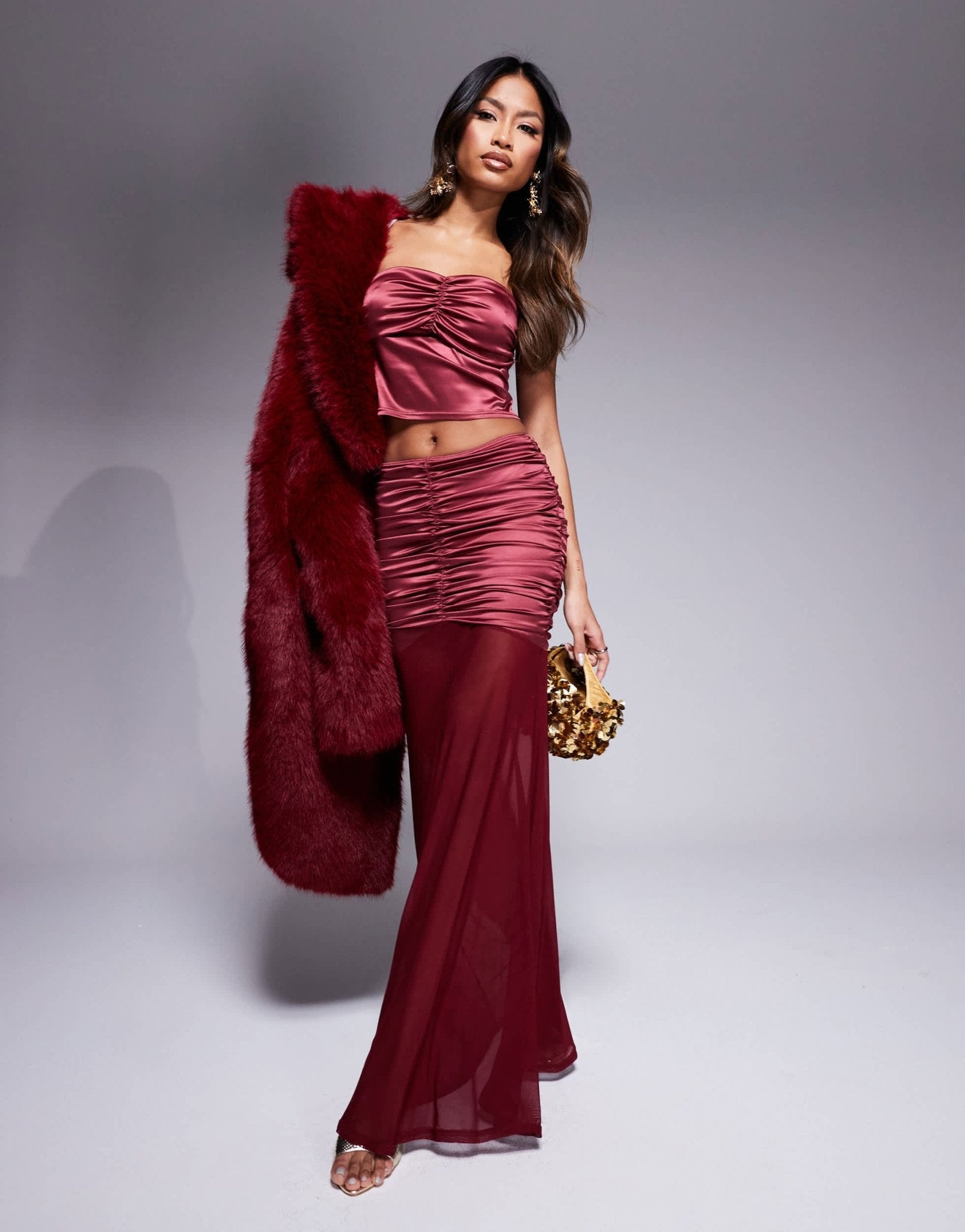 ASOS DESIGN co - ord stretch satin ruched bust bandeau top in berry - ASOS Sample Sale