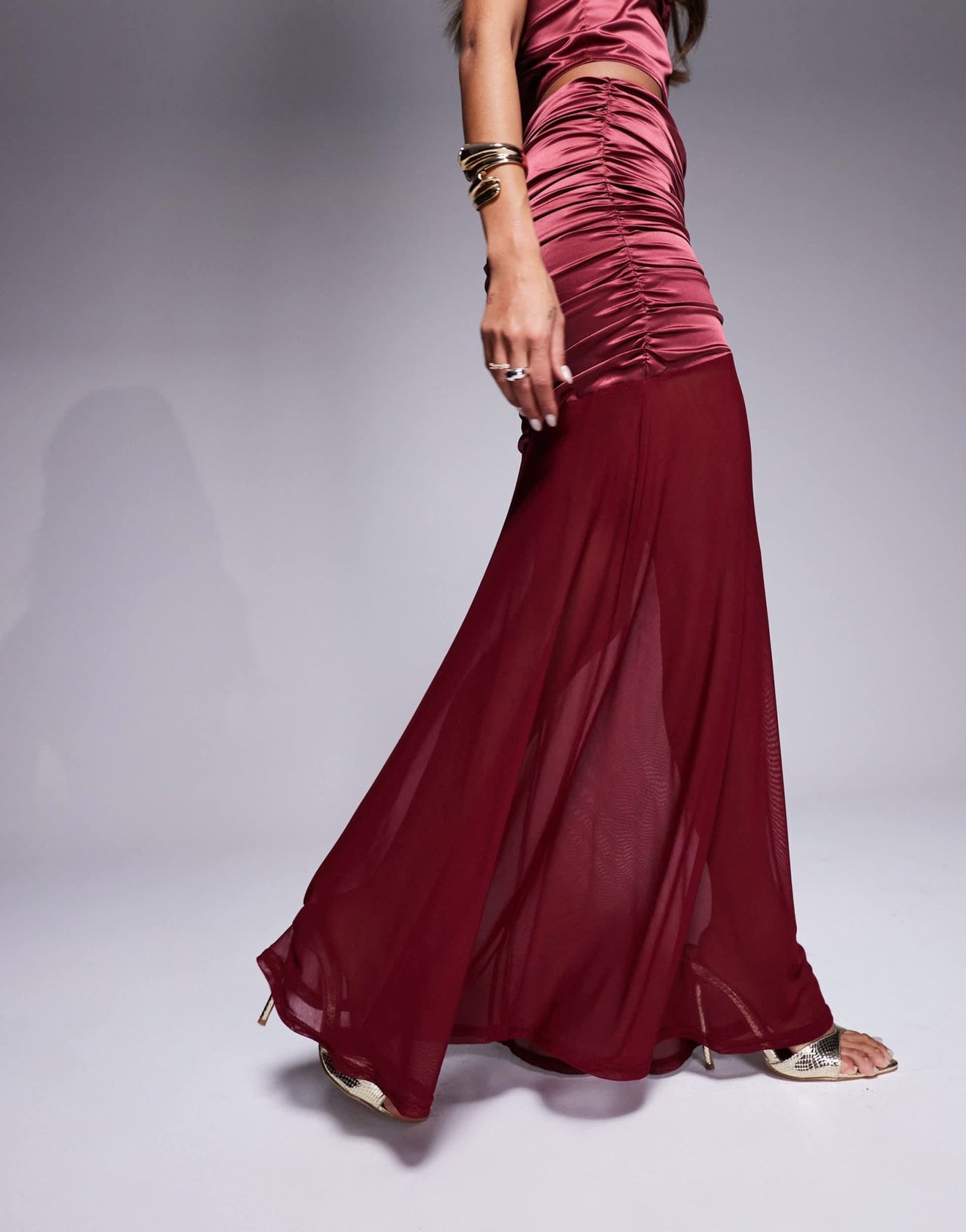 ASOS DESIGN co - ord stretch satin ruched maxi skirt with mesh hem in berry - ASOS Sample Sale