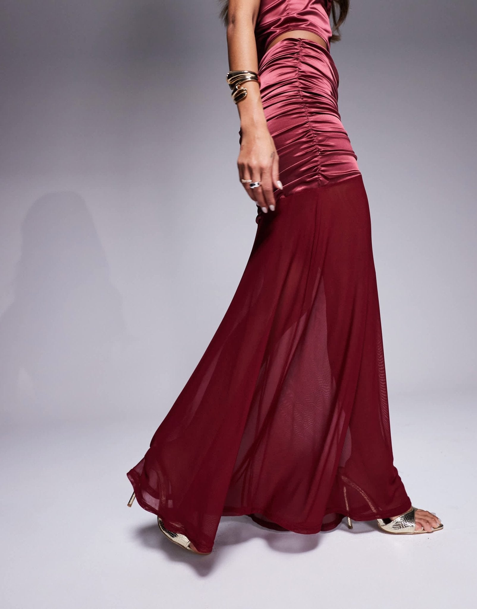 ASOS DESIGN co - ord stretch satin ruched maxi skirt with mesh hem in berry - ASOS Sample Sale