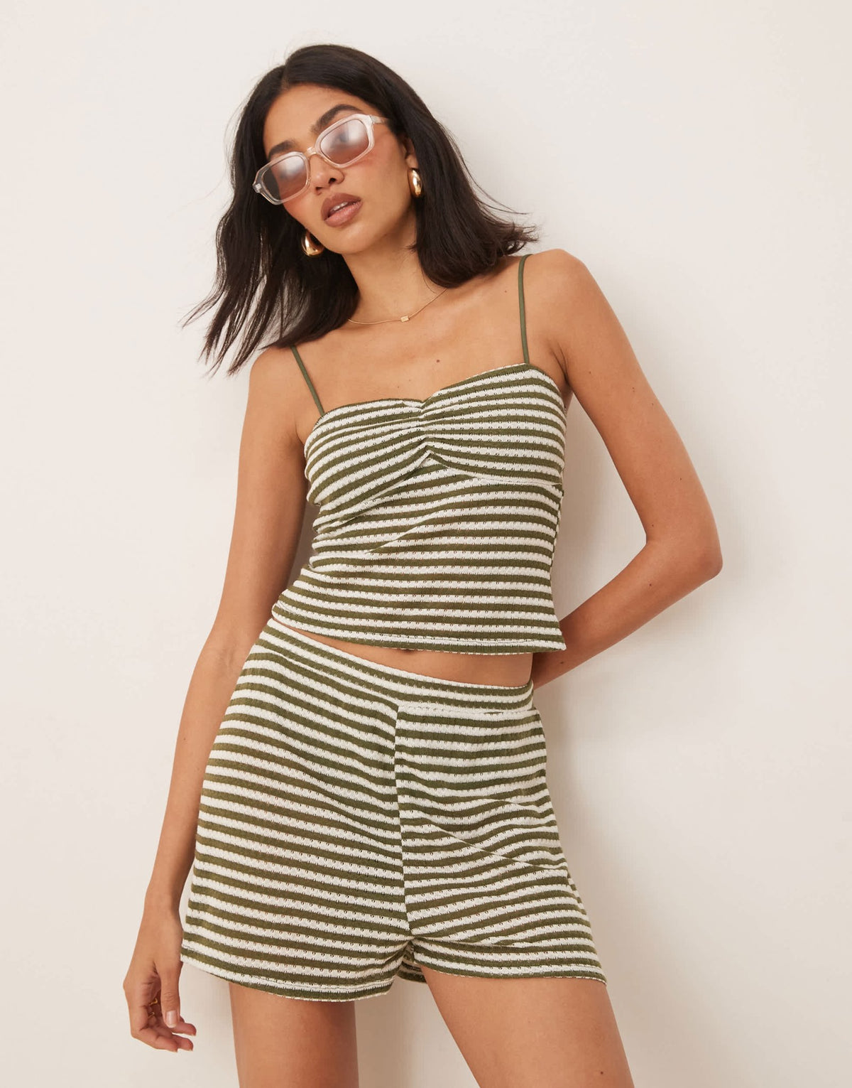 ASOS DESIGN co-ord textured crochet ruched cami top in green stripe - ASOS Sample Sale
