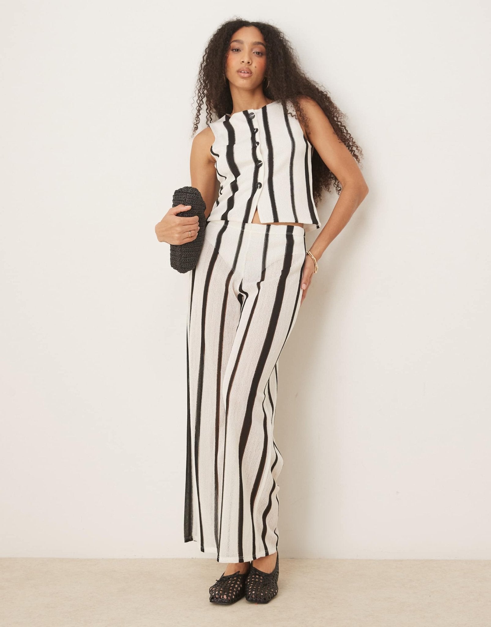 ASOS DESIGN co - ord textured crochet semi sheer waistcoat top in black and white stripe - ASOS Sample Sale