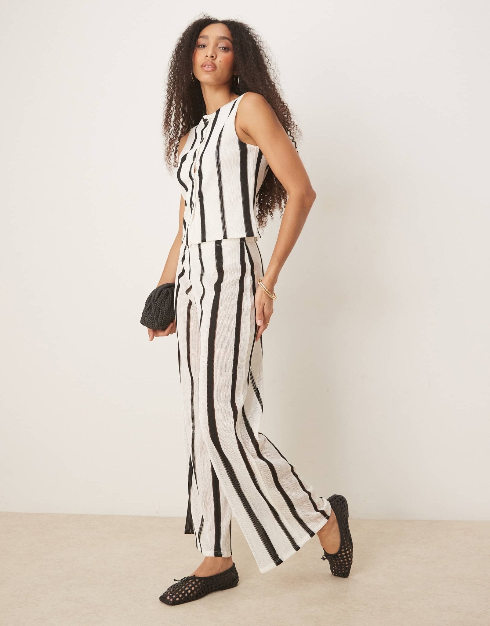 ASOS DESIGN co - ord textured crochet semi sheer wide leg trouser in black and white stripe - ASOS Sample Sale