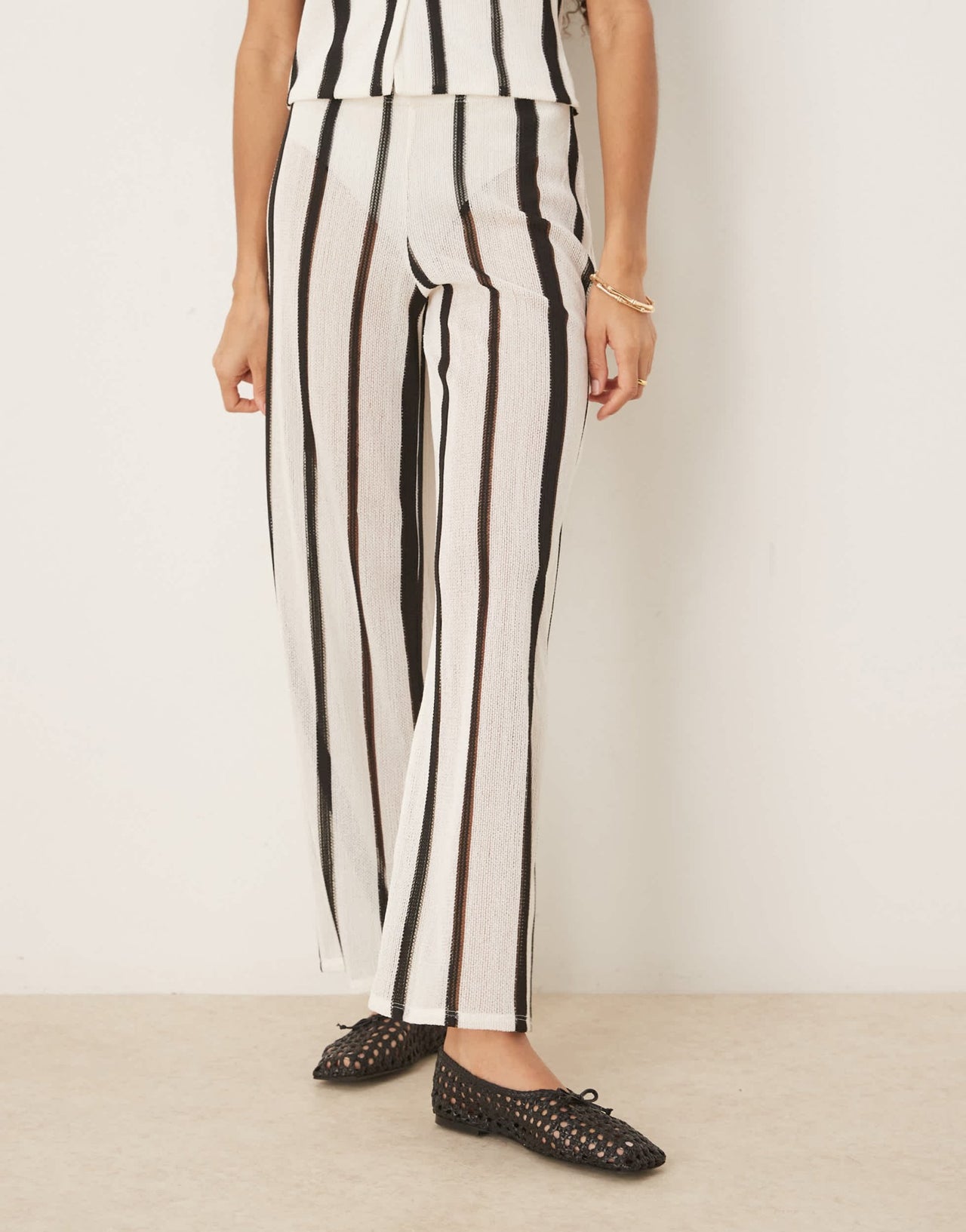 ASOS DESIGN co - ord textured crochet semi sheer wide leg trouser in black and white stripe - ASOS Sample Sale