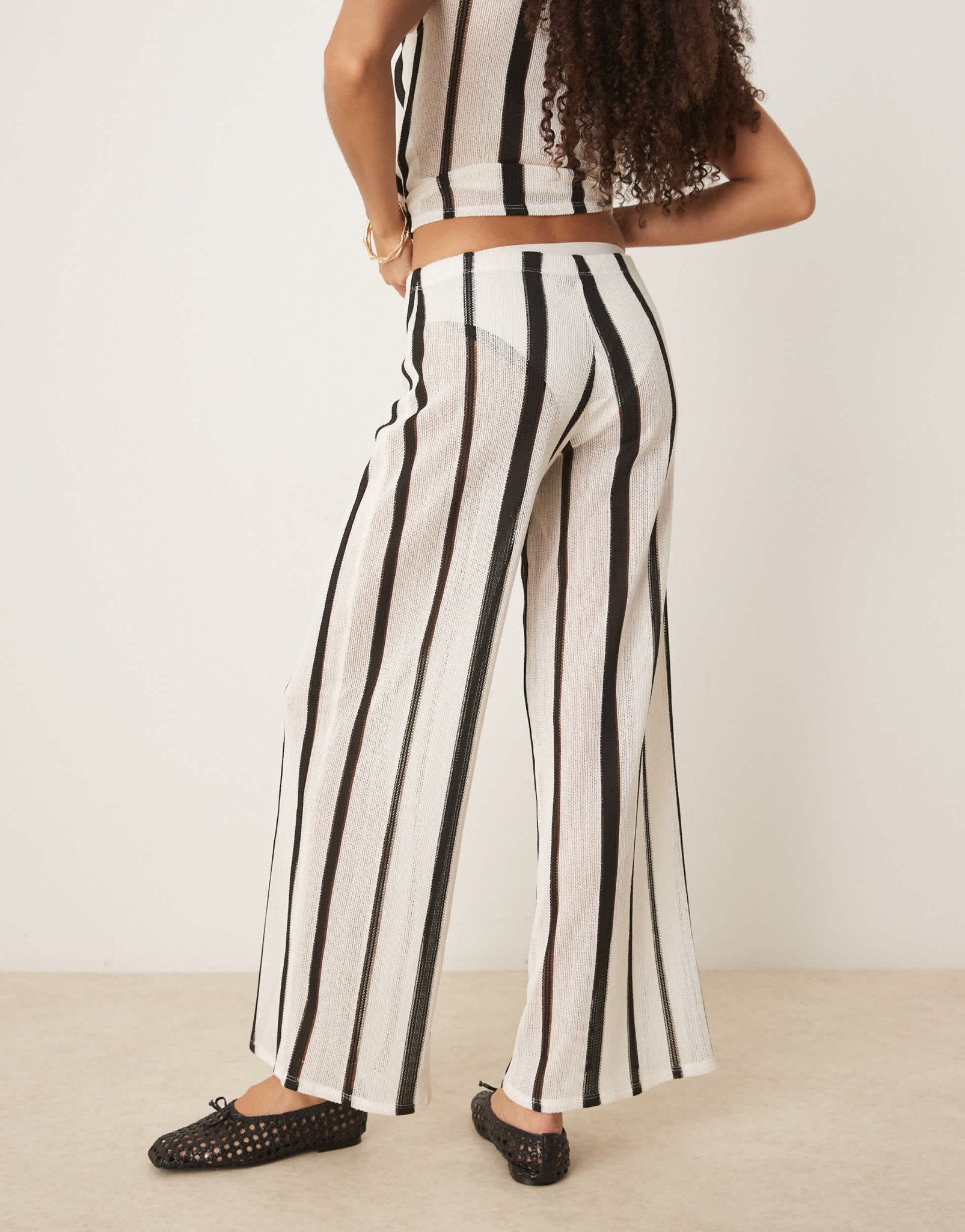 ASOS DESIGN co - ord textured crochet semi sheer wide leg trouser in black and white stripe - ASOS Sample Sale