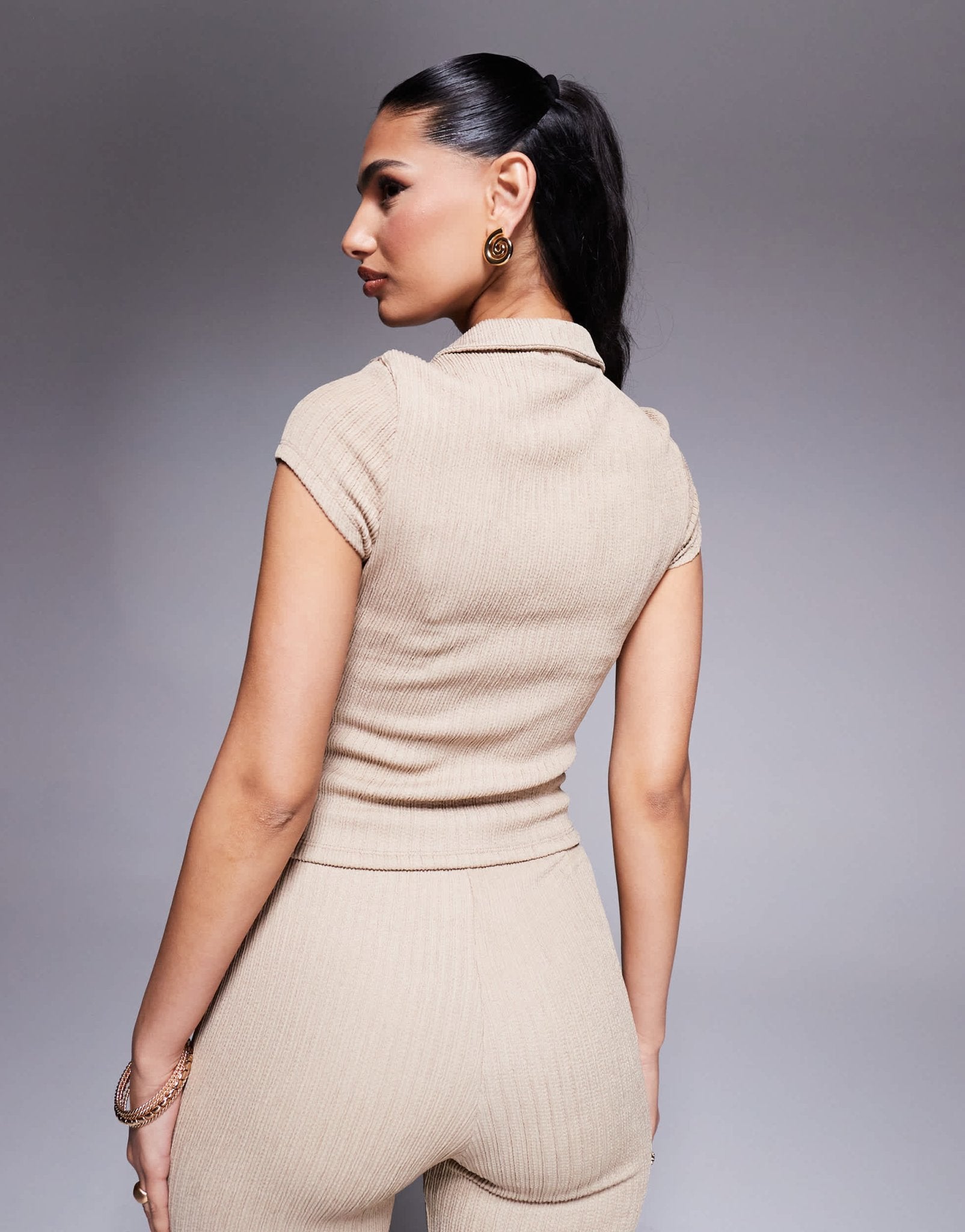 ASOS DESIGN co - ord textured hook and eye short sleeve top in stone - ASOS Sample Sale