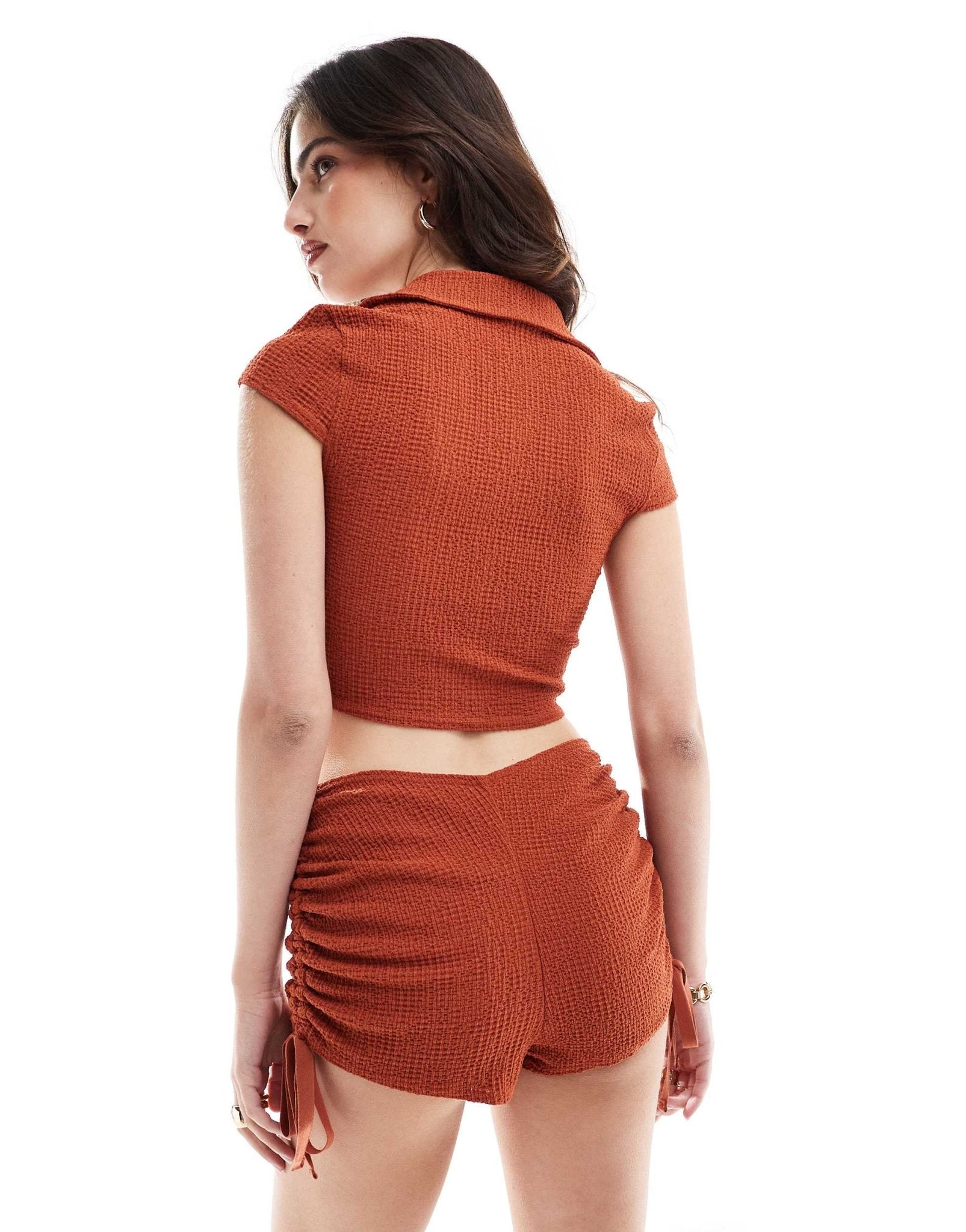ASOS DESIGN co - ord textured ruched side micro shorts in rust - ASOS Sample Sale