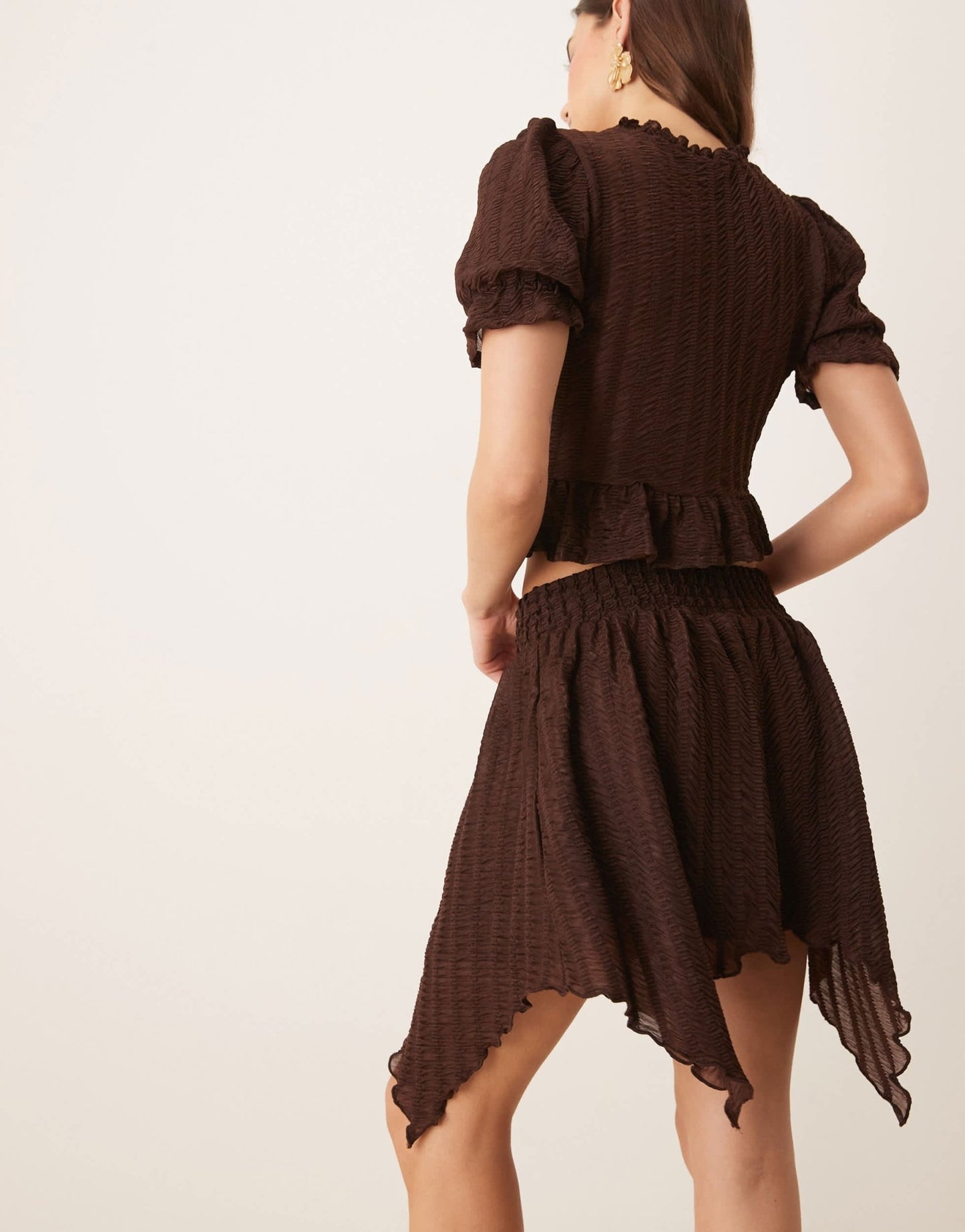 ASOS DESIGN co - ord textured ruffle hanky hem mini skirt in brown - ASOS Sample Sale