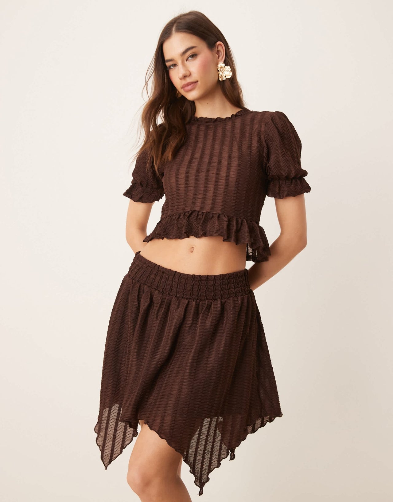 ASOS DESIGN co - ord textured ruffle hanky hem mini skirt in brown - ASOS Sample Sale